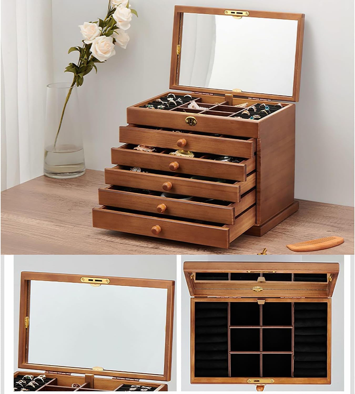 COYEUX Extra Large Wooden Jewelry Box, 6 Layer Pull-out Necklace Storage Layer, with Mirror Drawers Lock, for Watch Necklace Ring Earring Storage,Valentine's Day Gifts