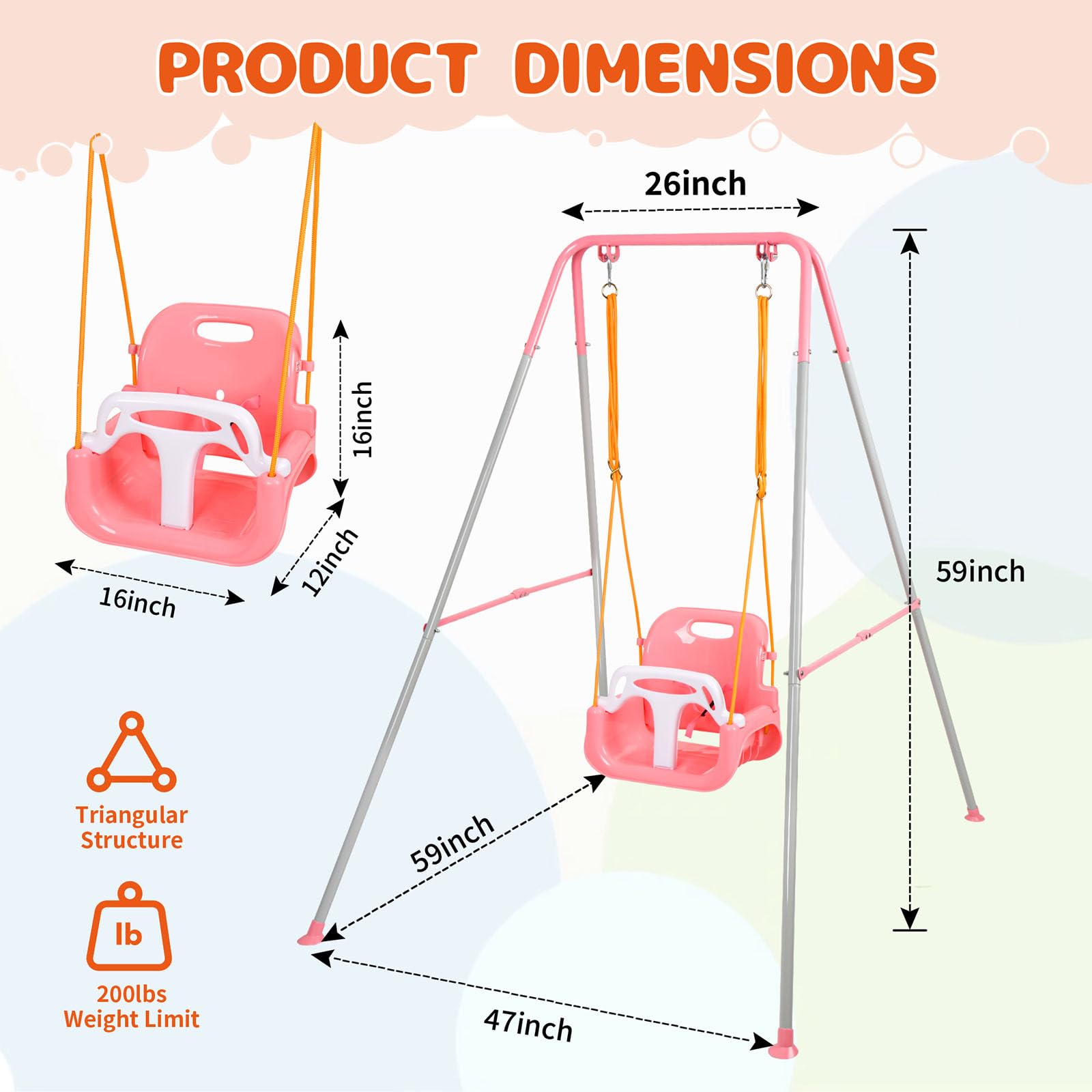3-in-1 Toddler Swing Set, Baby Swing Set with Foldable Metal Stand for Outdoor/Indoor Play, Safe and Durable Design for Aged 1-10 Years Old, Easy to Assemble & Store (Pink)