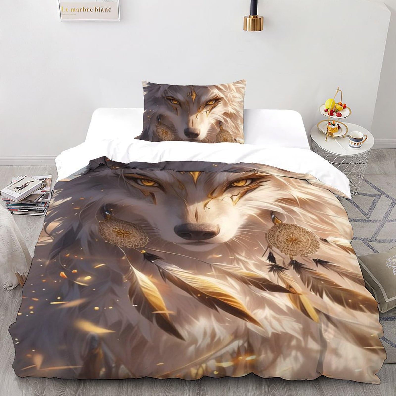 Parure de lit enfant loup 135x200cm ensemble impression 3D motif totem