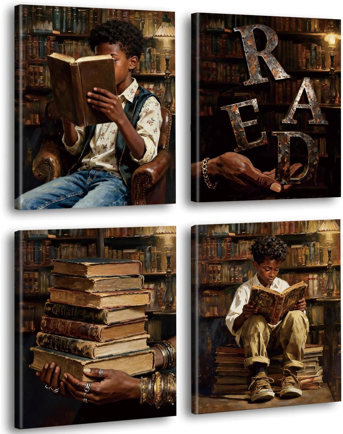 Set of 4 Framed Black Boy Reading Book Canvas Wall Art,Black Man Reading Inspiring Poster Pictures Wall Decor Modern African American Educational Painting Artwork for Man Cave Boys Room Decor8X10IN