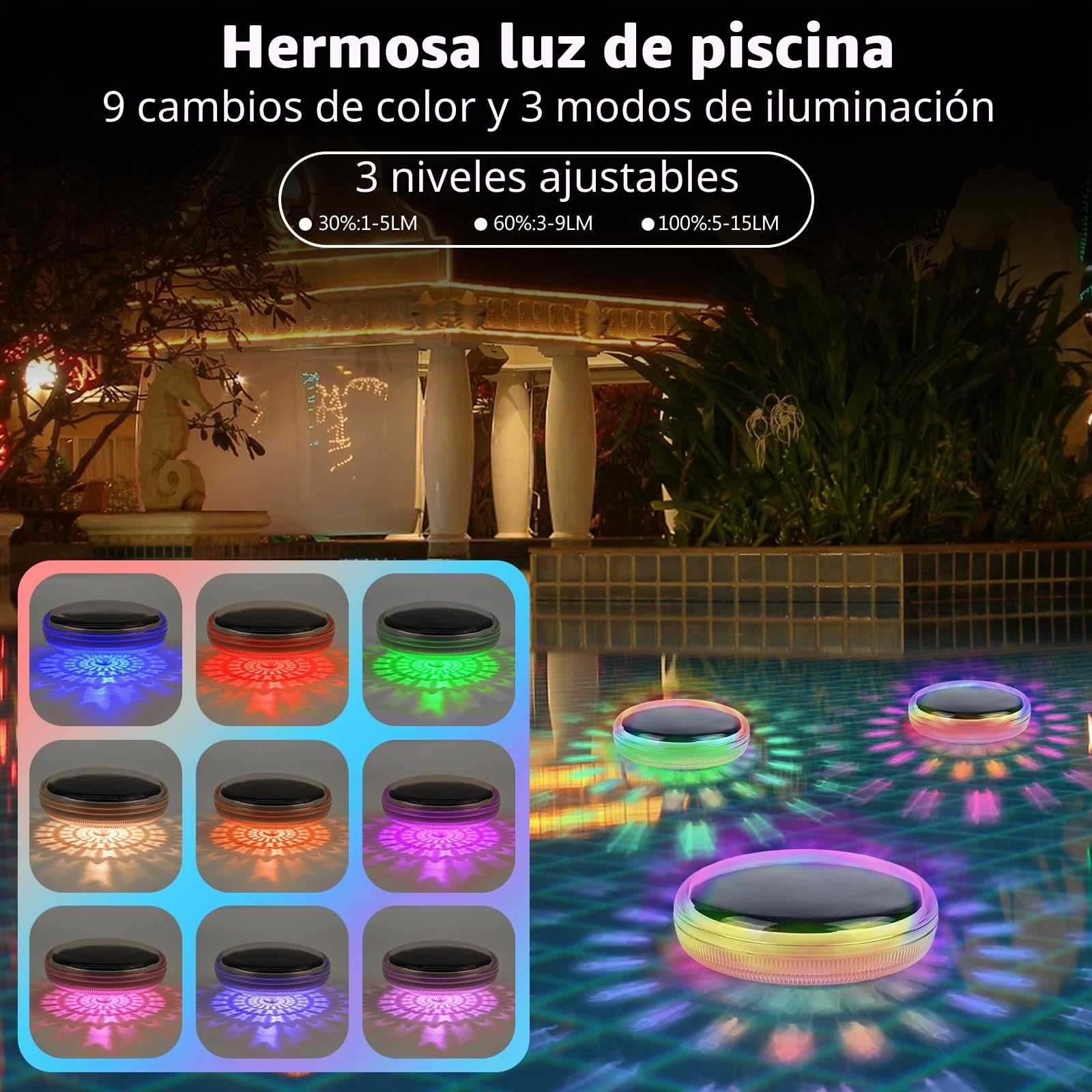 Gerbala Luz Solar Piscina Flotantes, luminación LED Subacuática Solar, Iluminación RGB con Cambio de Color para Piscina, IP68 Impermeable, para Decoración de Jardín y Piscinas (B)
