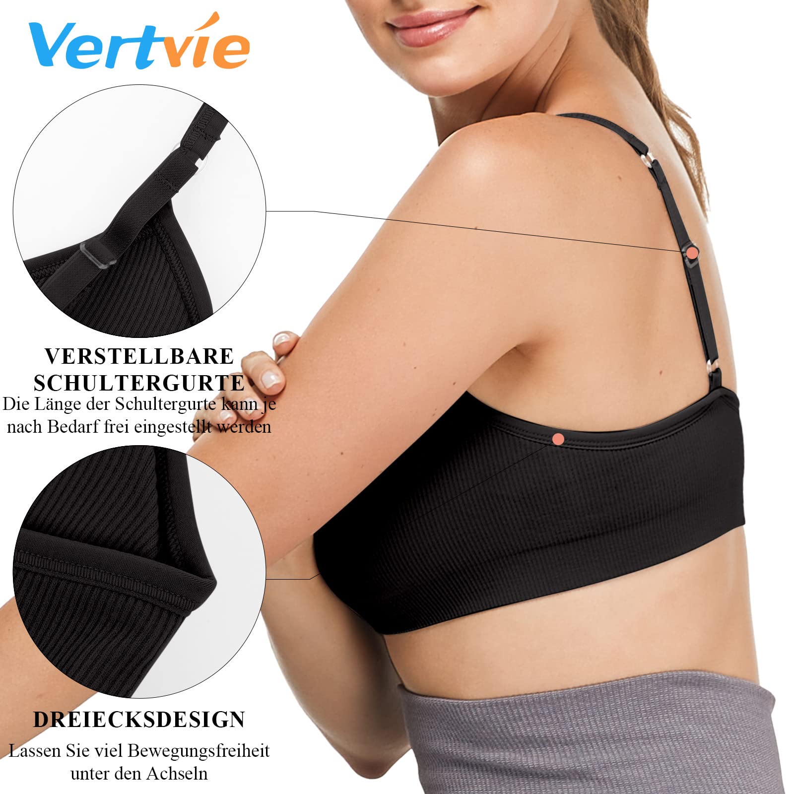 Vertvie - Reggiseno sportivo da donna, 2/3/4 pezzi, senza ferretto, imbottito senza cuciture, reggiseno a basso supporto 3 nero S