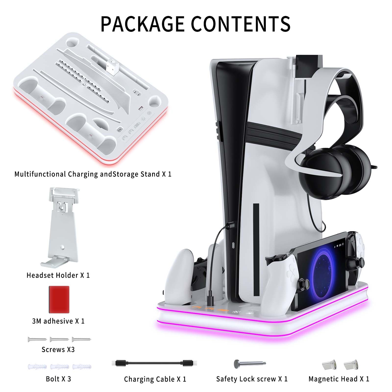 Supporto per PS5/Slim/Pro con Ventola di Raffreddamento Regolabile, Base di Ricarica Joystick per PS5 con RGB, Stazione di Raffreddamento Multifunzionale PS5 Slim con Caricabatterie