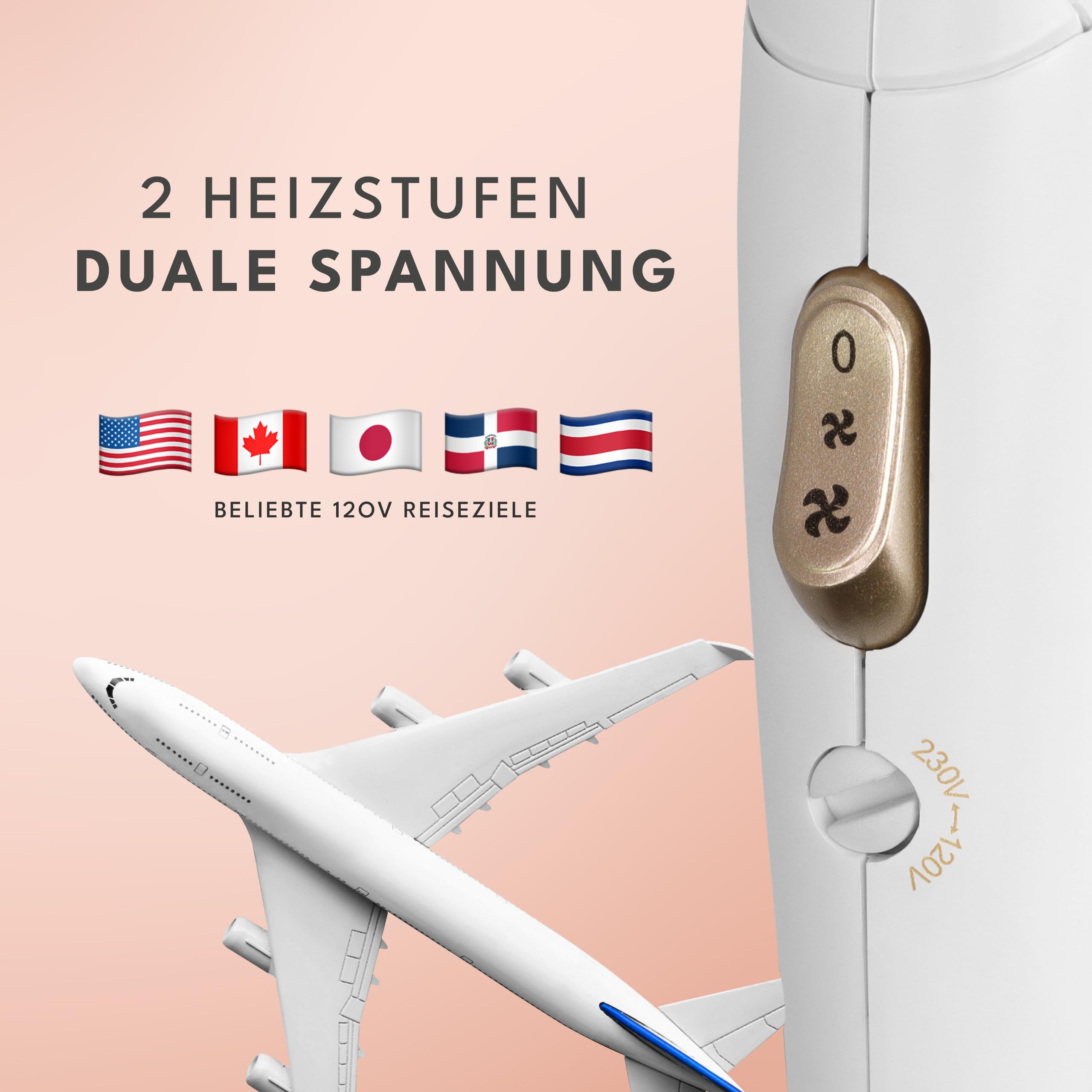 LEBENLANG Reisefön klappbar klein - Duale Spannung & Inkl. Reisetasche mit Stylingdüse I Reise Föhn stark & Föhn leise I Haartrockner klein Travel Hair Dryer Reise Fön Haarföhn Haarfön