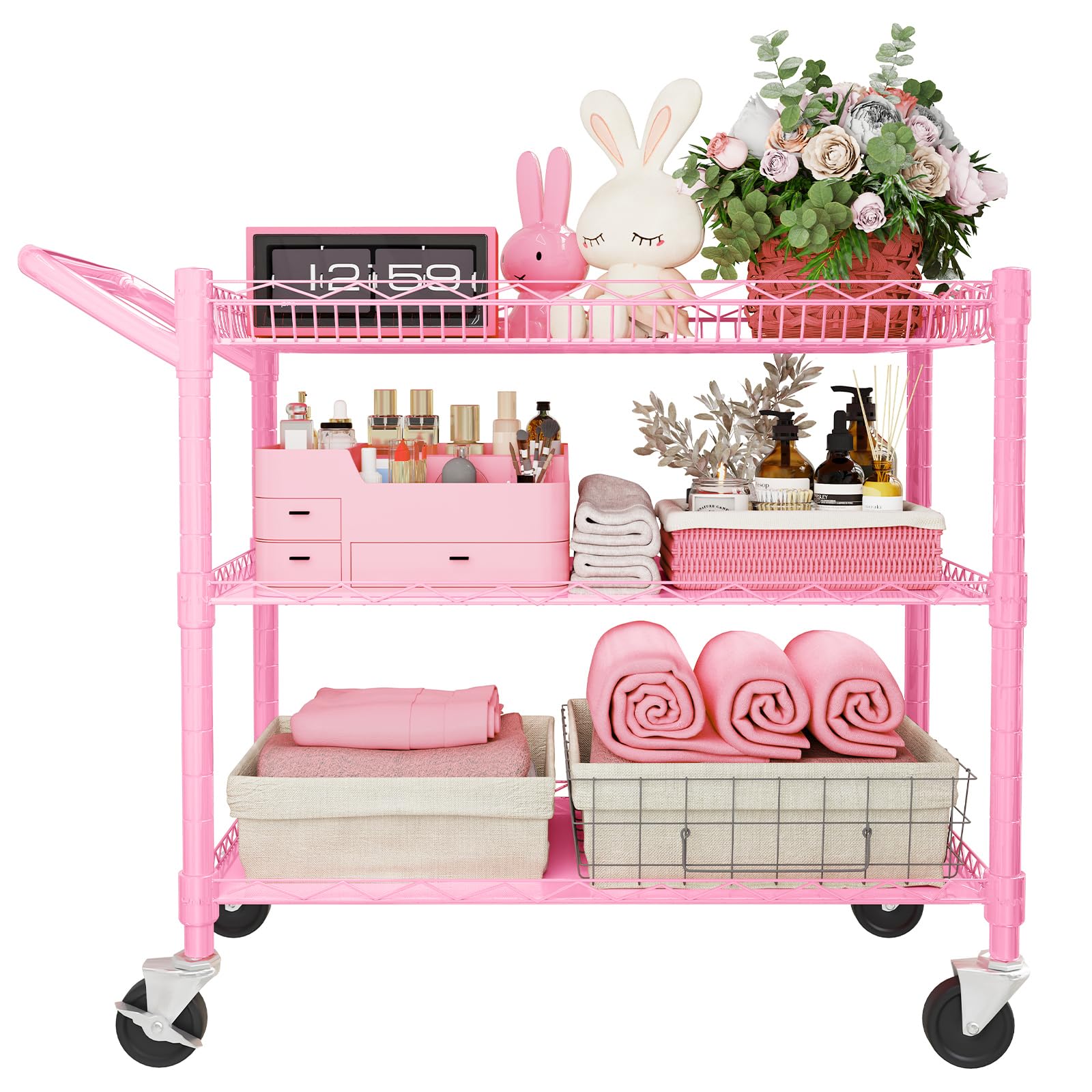 YNN Pink Rolling Cart, 990Lbs 3 Tier Heavy Duty Metal Cart with Wheels & Handle NSF Wheeled Cart 31" D x 18" W x 33" H for Bedroom, Bathroom, Kitchen,