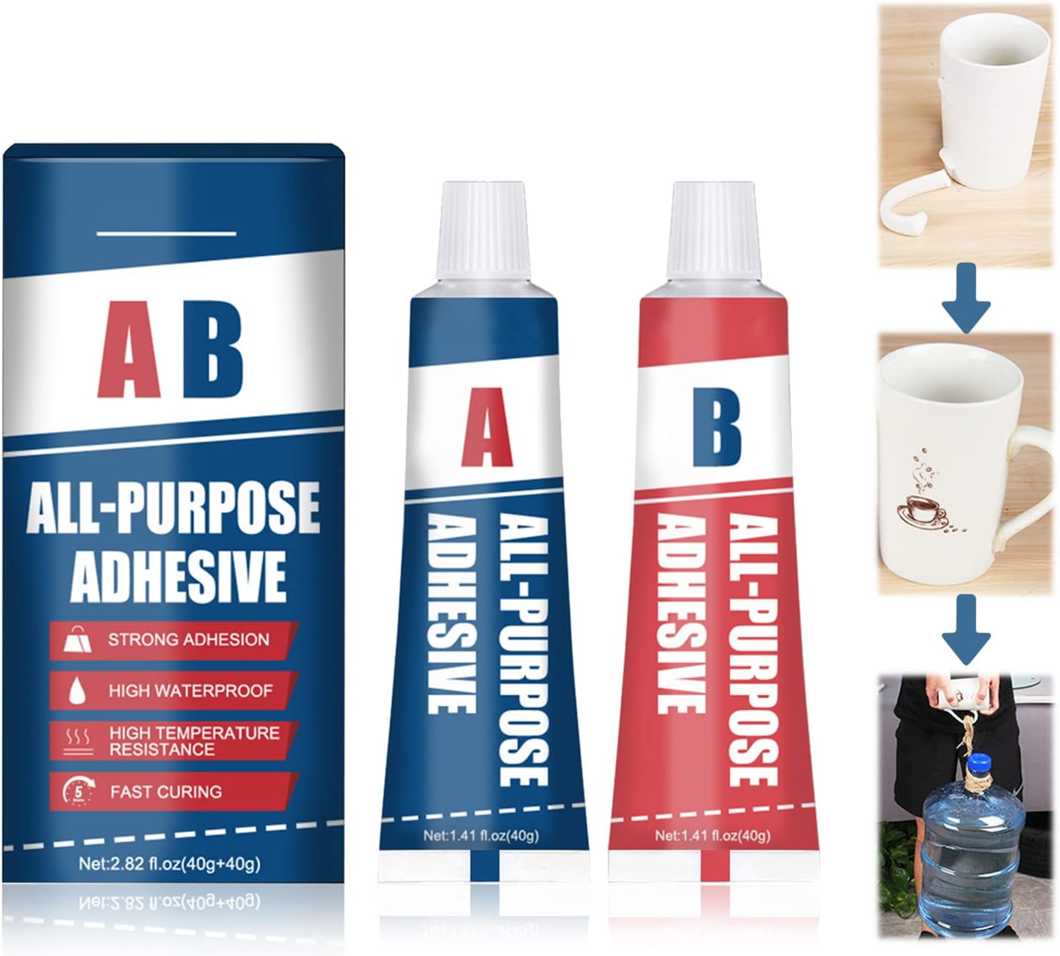 Ganbaro All Purpose Adhesive, 2 Part Epoxy Glue, Epoxy Resin Glue, Clear Super Glue Quick Dry Extra Strong Hold Glass, Ceramic, Tile, Metal, Plastic Etc Adhesive,40g+40g, Blue,Clear,Red