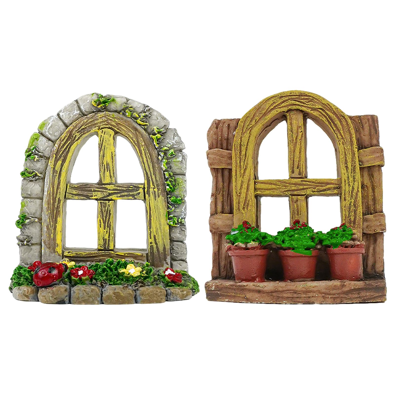 2PCS Resin Mini Windows Micro Scene Decor, Rustic Style for Fairy Cottage Dolls House Furniture Simulation Garden Windows, Aquarium Ornaments and Doll House Accessories, Sand Table Landscape Supplies