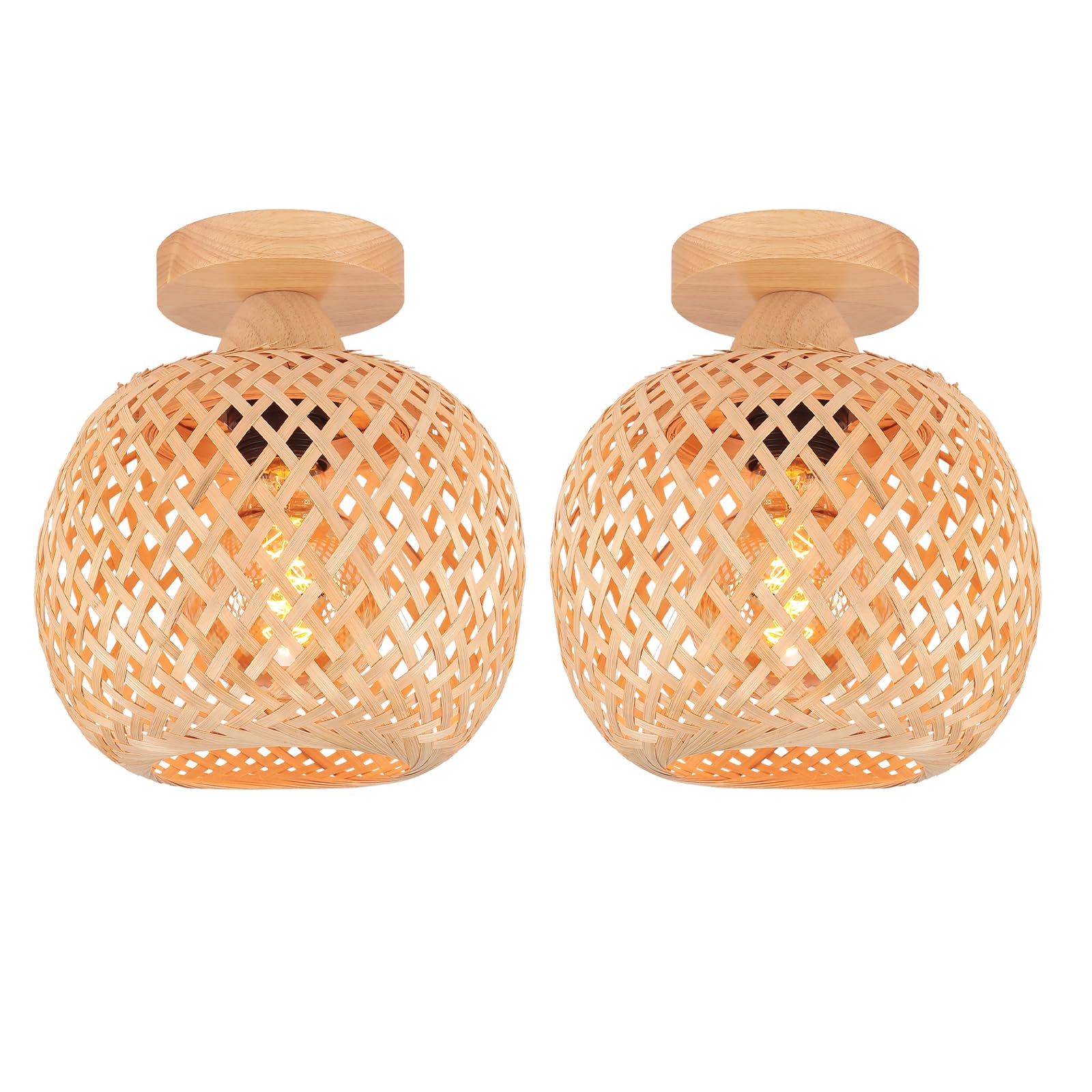 2 Piezas Lámpara de Techo Bambú Boho Lámpara Techo Colgante Retro E27 Plafón Pantalla de Bambú Luce de Techo Ratán Deco para Dormitorio Salone Cocina Cafetería, Ø20cm