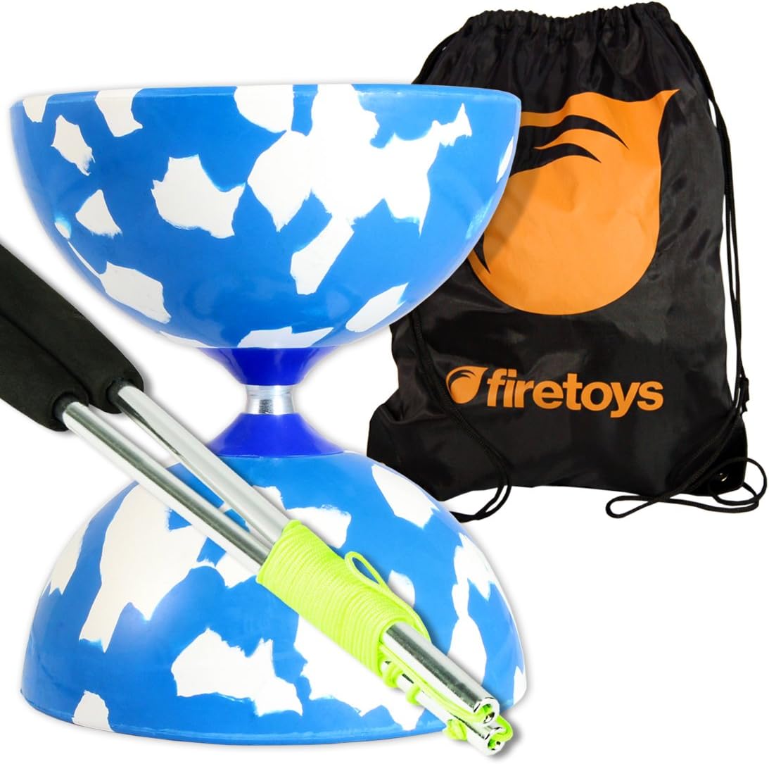 Jester Medium Diabolo (Blu/Wht) with Aluminium Diablo Sticks (incl String) & Firetoys Bag