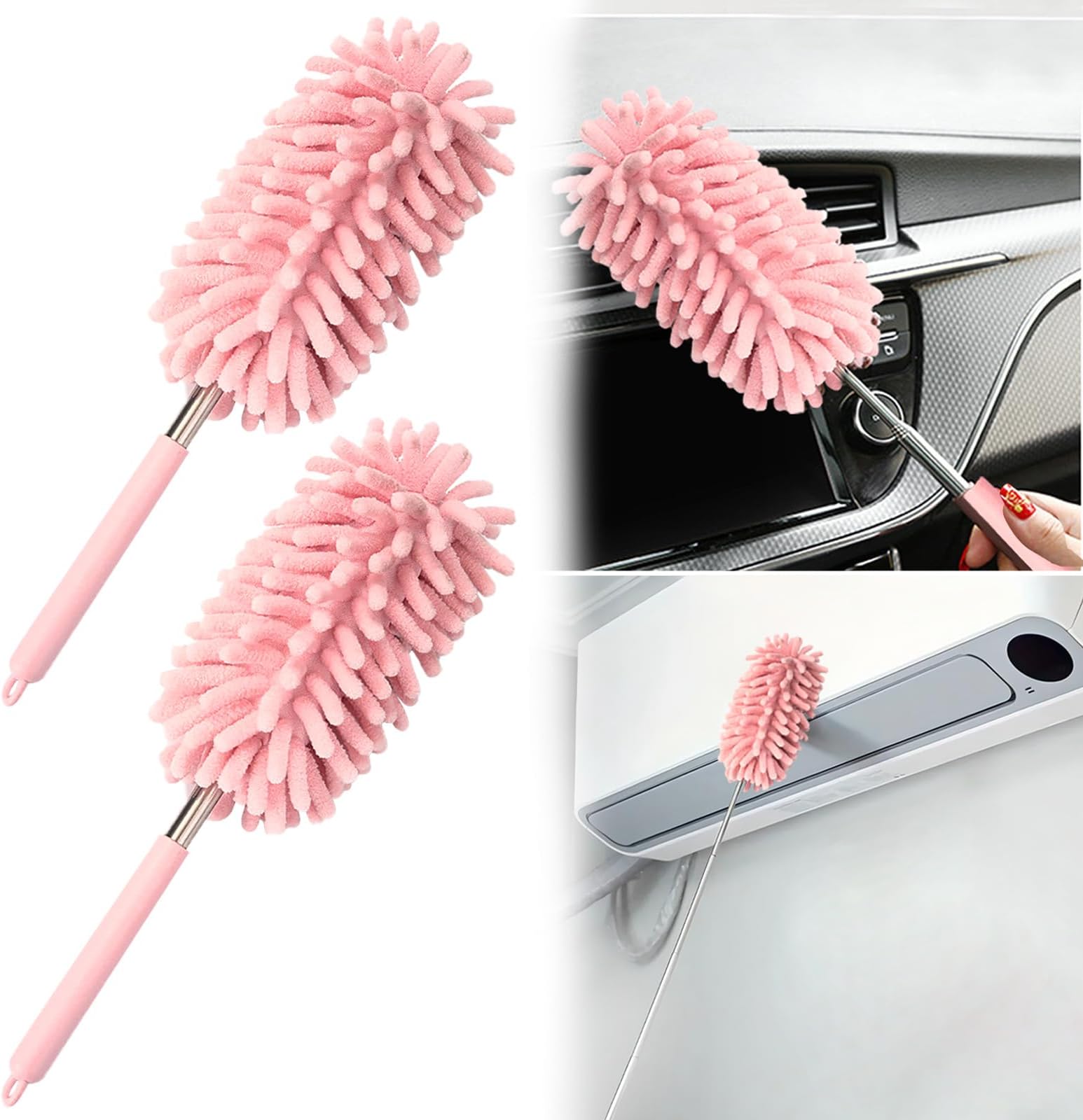 2Pcs Car Interior Duster with Extension Pole Soft Dash Vent Dusting Detailing Wash Brushes with Long Handle Duster Cleaner Tool New Car Must Haves Cleaning Supplies (Pink)