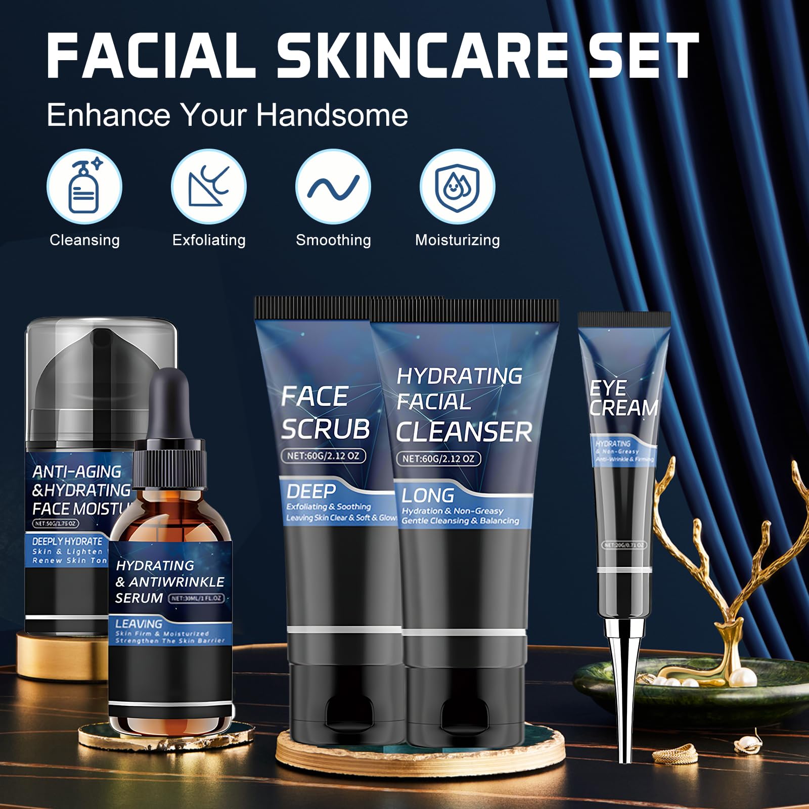 Skin Care Set for Men, 5 IN 1 Facial Care Kit Includes Cleanser, Face Scrub, Serum, Eye Cream, Moisturizer, Anti Aging Skincare Routine Kit Fathers Day Birthday Gifts for Husband Boyfriend Dad