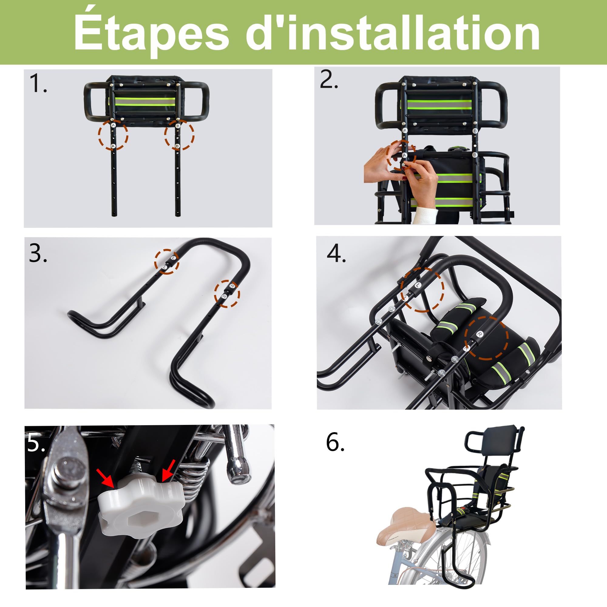 QMD Siège vélo Enfant arrière avec Appui-tête réglable, Repose-Pieds, Dossier et Barres de Maintien. Porte-bébé pour vélo conçu pour Les Enfants de 18 Mois à 8 Ans.