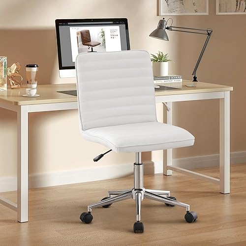 Miniatura 8 de Furnimart Silla de escritorio de oficina de cuero sintético, silla de trabajo ajustable para el hogar, silla giratoria con ruedas lisas (blanco
