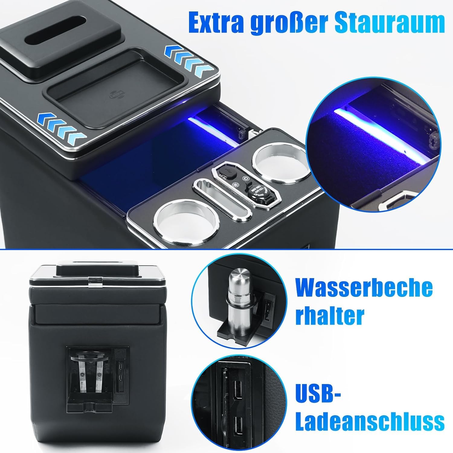 Armlehnenbox Aufbewahrungsbox mit Kabelloses Laden 7-farbigem Umgebungslicht und 4 Helligkeitsstufen passend für Mercedes-Benz V-Klasse V220 V260 V250 W447 [EU-Patent]