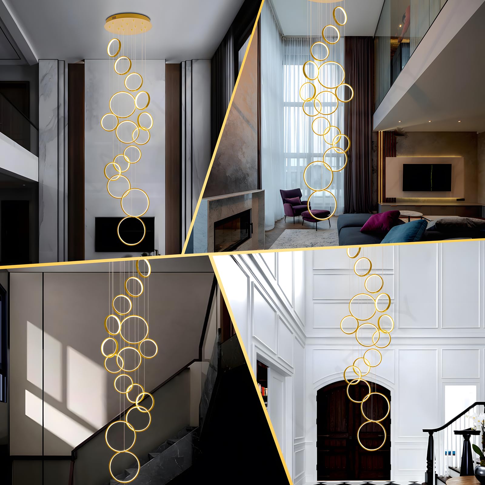 Lustre D'Escalier À LED, Lampe De Plafond Haut Moderne À 15 Anneaux Doré, Lampe Suspendue Réglable En Hauteur Pour Entrée, Variateur Avec Télécommande 3000K-6000K, Couloir, Salon, Escaliers