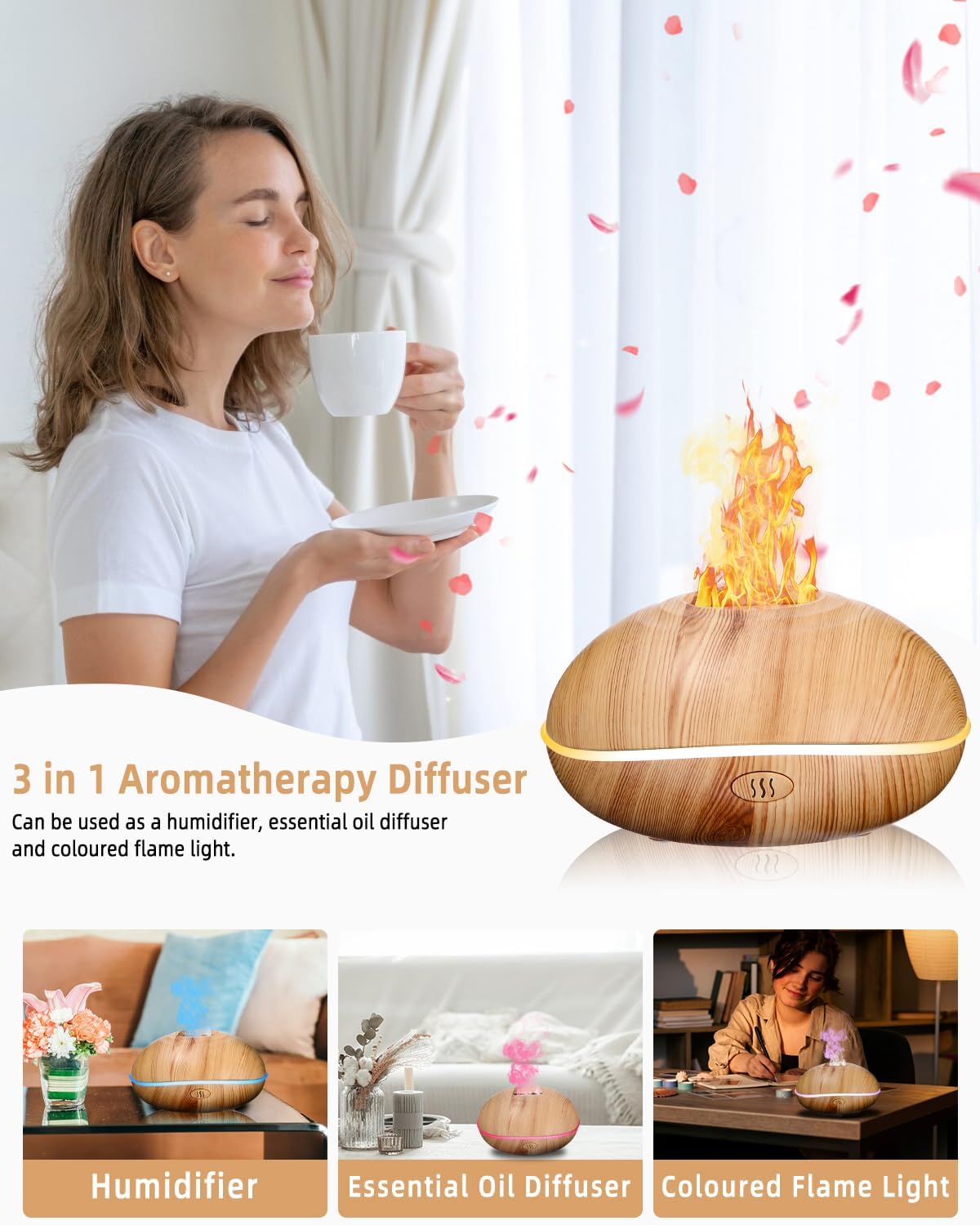 dyfuzor zapachowy z efektem płomienia, 200 ml, dyfuzor olejków eterycznych 7 kolorów z efektem świetlnym, dyfuzor do aromaterapii z płomieniem do domu, automatyczne wyłączanie, cichy
