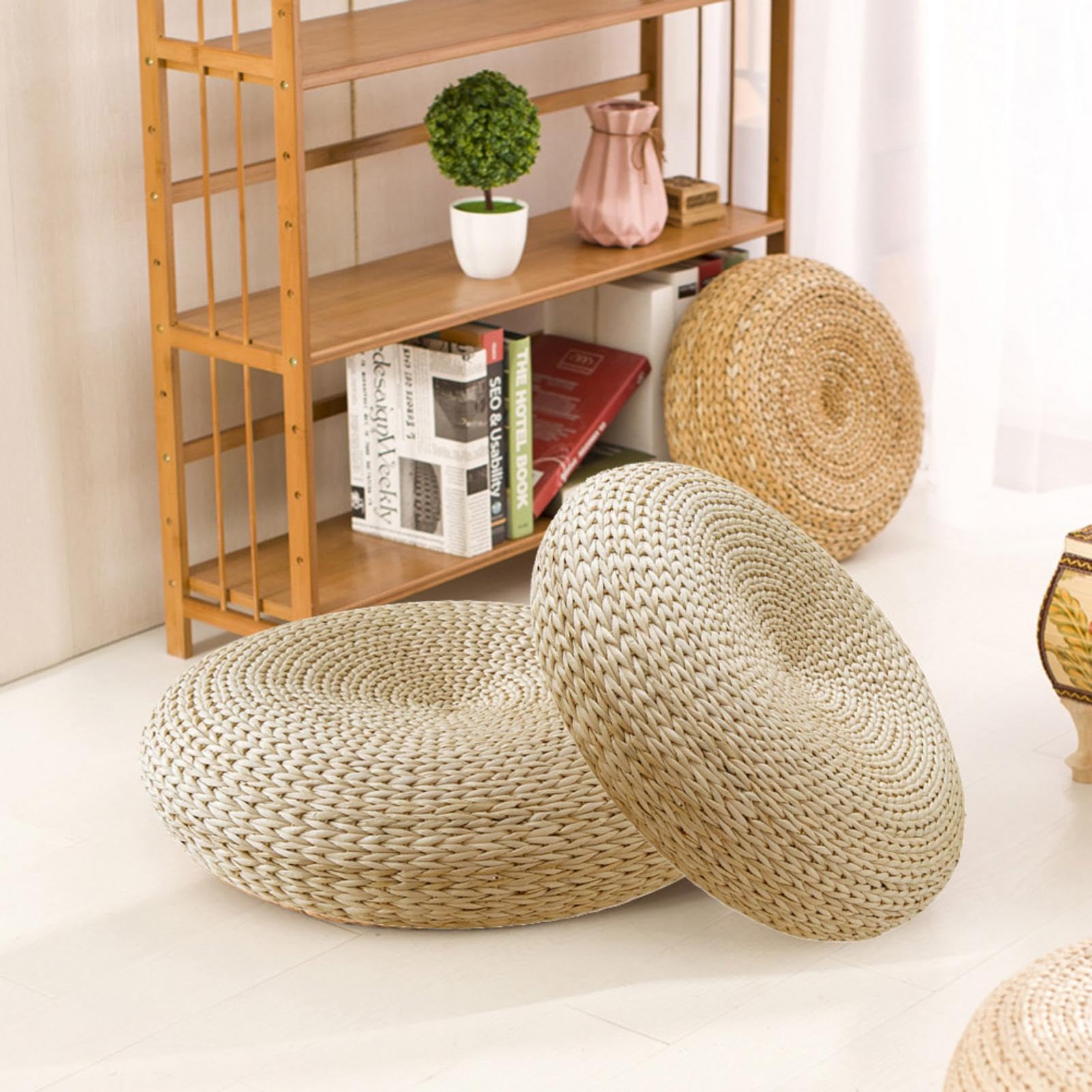 Futon, Cuscino in Vimini Naturale, Cuscino rotondo Tatami, Cuscino Seduta in Paglia da Terra Rotondo Tatami, Traspirante, Cuscino Rotondo da Pavimento, Decorazione per Salotto da Giardino