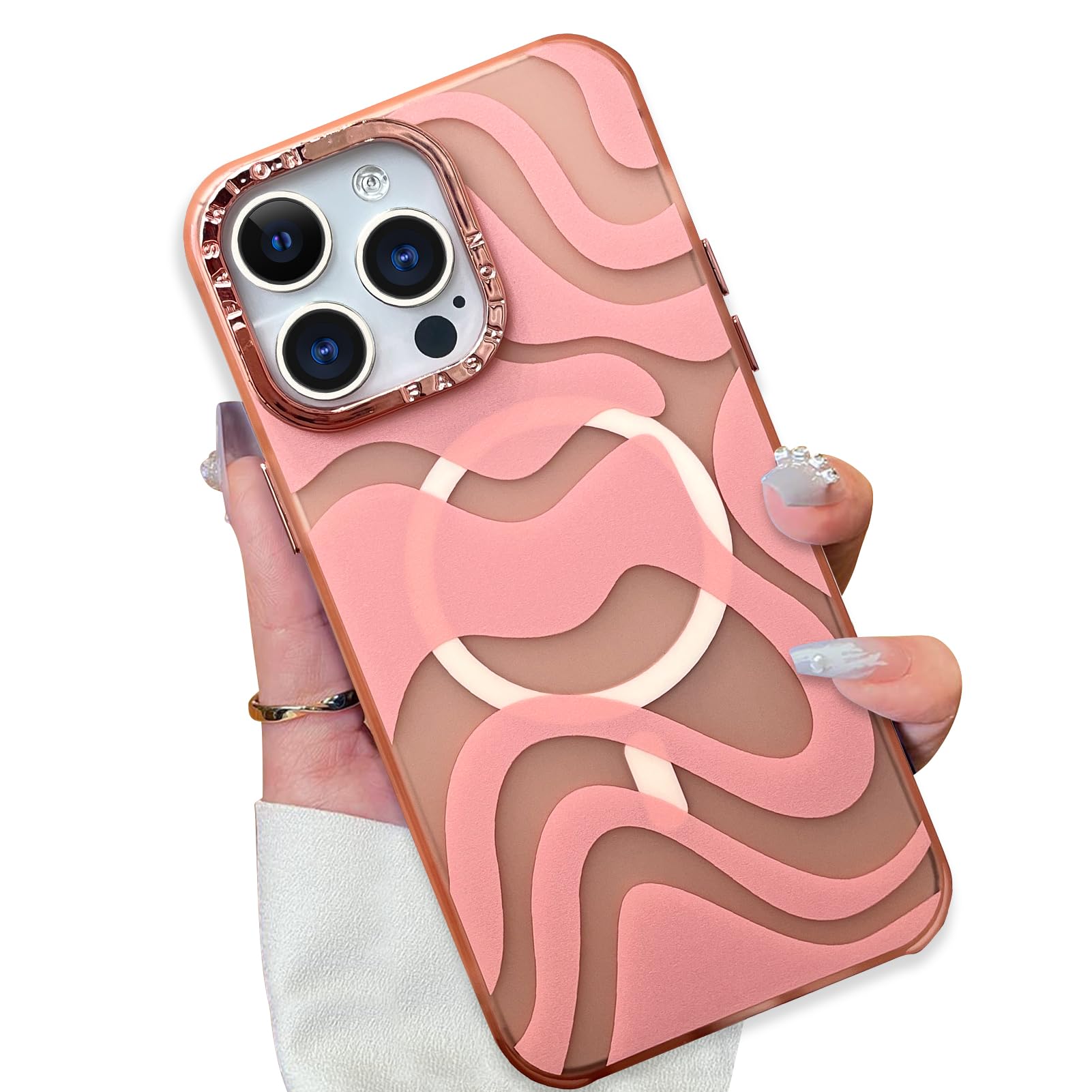 Gulinur Magnetic Case for iPhone 14 Pro Max Cute Wave Shape Pattern for Women Girly [Compatible with MagSafe] Camera Screen Protector Shockproof Bumper Cover Soft TPU Anti-Scratch PC Back - Pink