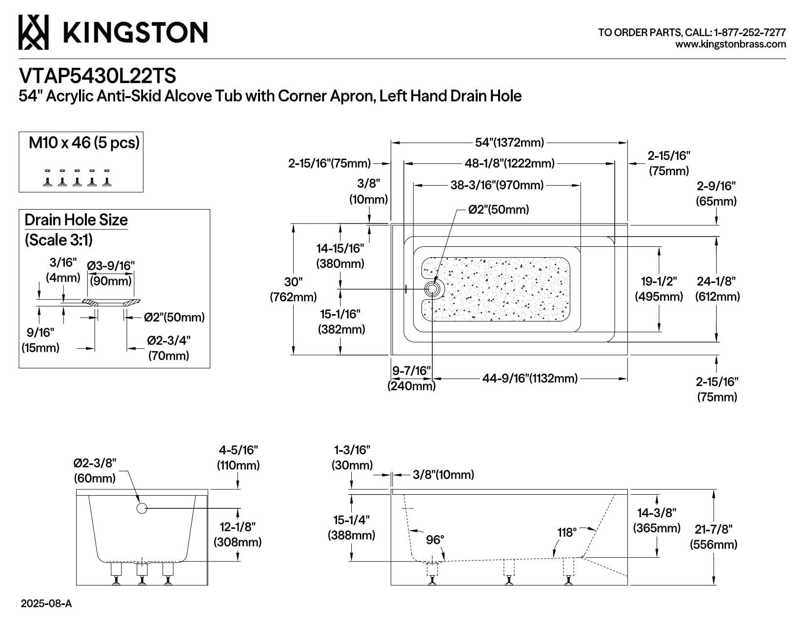 Aqua Eden VTAP5430L22TS 54-Inch Acrylic 2-Wall Corner Alcove Tub