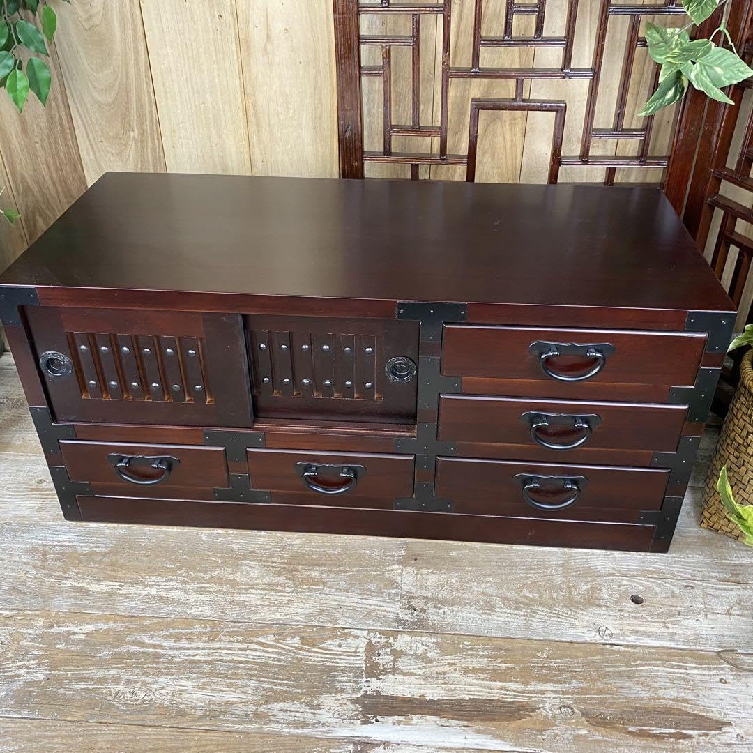 Amazon｜人気再入荷民芸家具桐材天然無垢和引き戸付きチェスト横長