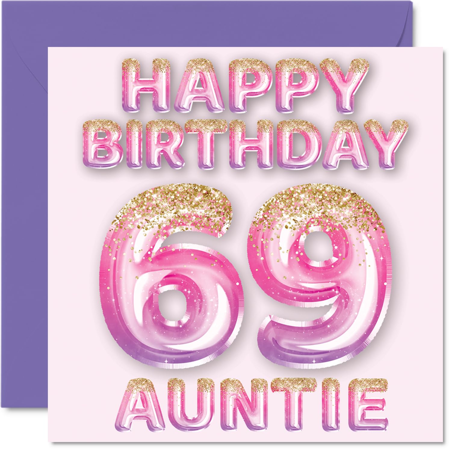 69th Birthday Card for Auntie - Pink & Purple Glitter Balloons - Happy Birthday Cards for 69 Year Old Aunt Aunty from Nephew Niece, 145mm Bday Greeting Cards Gift