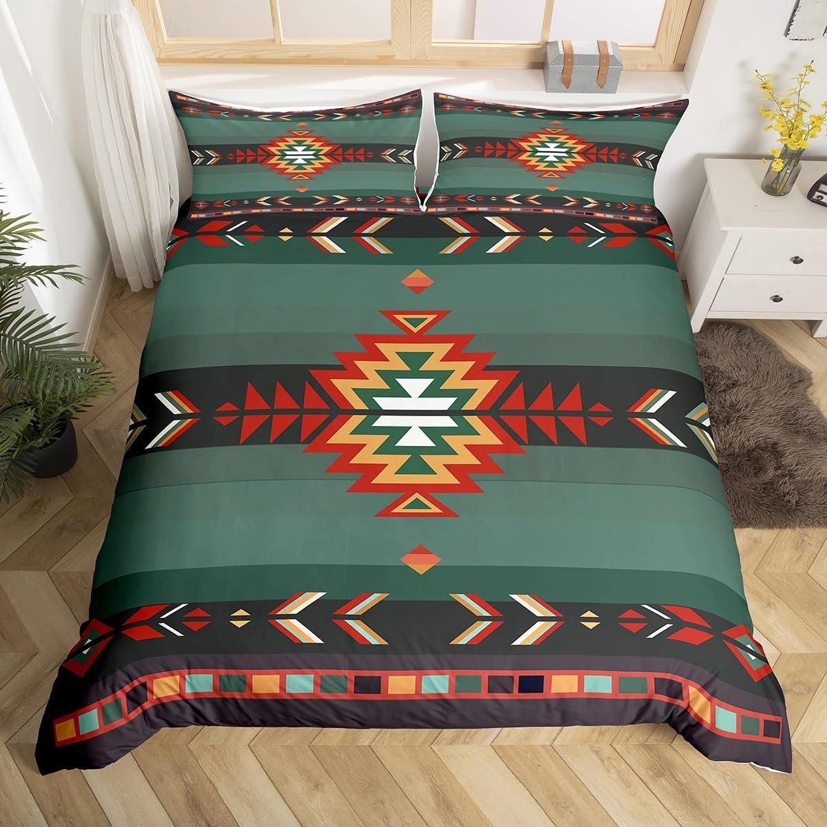 Southwest Native Design Duvet Cover Southwestern Geometric Bedding Set For Kids Ultra Soft Tribal Comforter Cover Vintage Green Red Bedspread Cover Decor Bedclothes Zipper Double