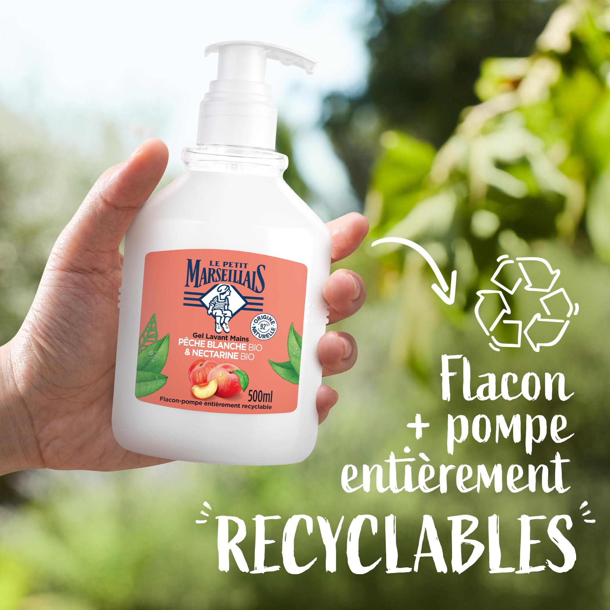 Le Petit Marseillais – Gel Lavant Mains Pêche Blanche BIO & Nectarine BIO (flacon-pompe de 500 ml) – Savon liquide avec 92 % d'ingrédients d'origine naturelle – pH neutre pour la peau