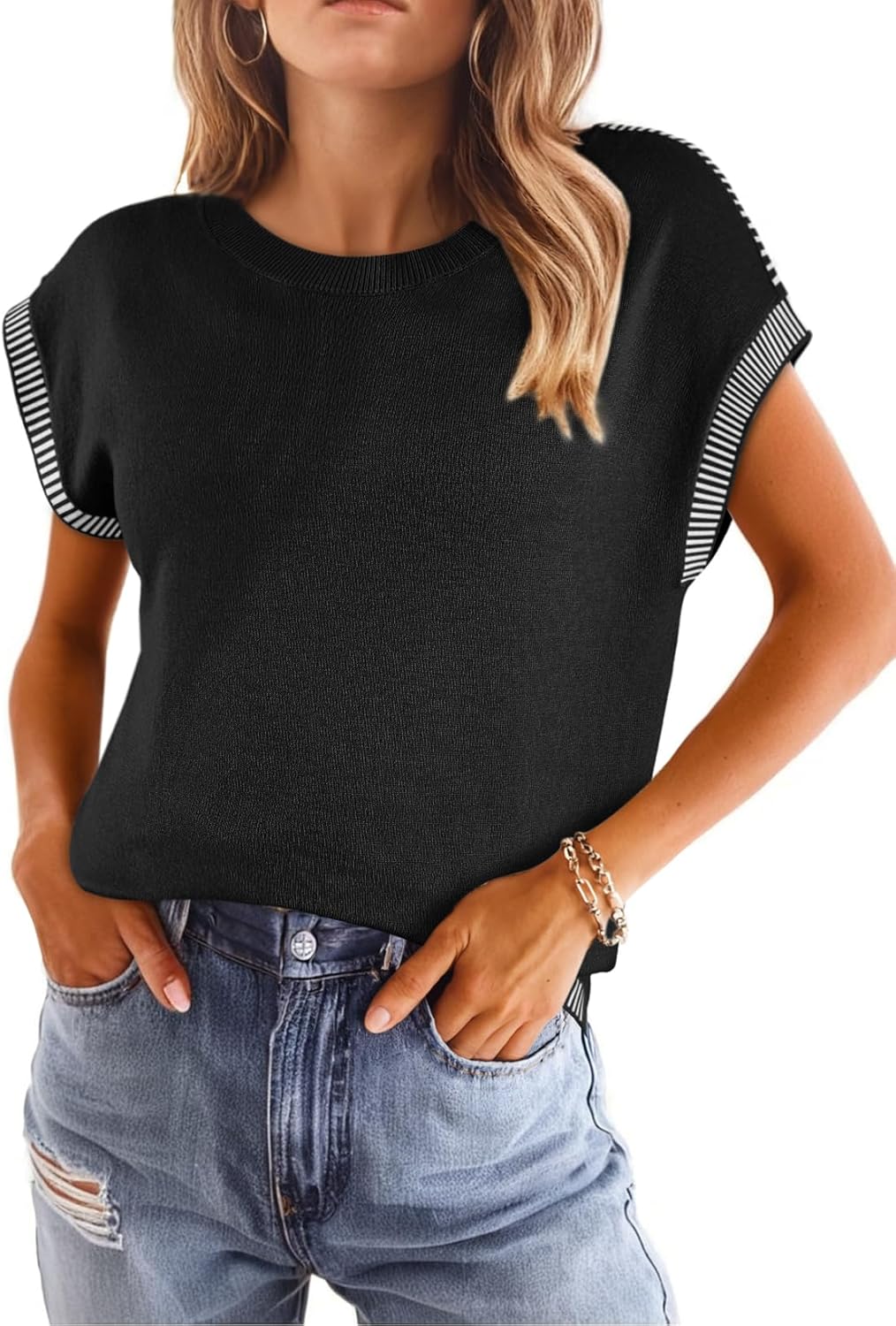 Dokotoo Womens Summer Cap Sleeve Tops 2025 Crewneck Sweater Vest Casual Knit Lightweight Sweater Pullover Trendy Tank Shirts