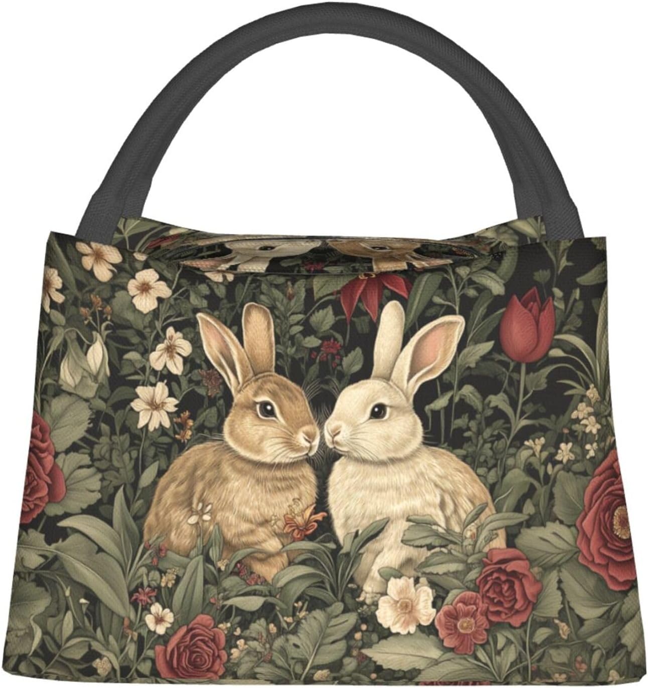 Vintage Bunny Reusable Lunch Box, Floral Rabbit Lunchbox for Boys Girls, Insulated Lunchbag, 11in*6.3in*6.7in, Gifts Makeup Bag, Portable Handbag for School Picnic Work Travel Beach or Hiking