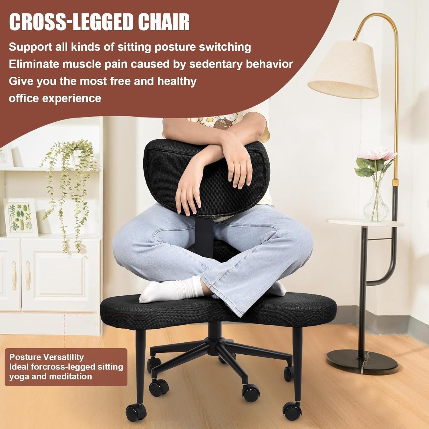 Cross Legged Meditation Chair Ergonomic Breathable Mesh Height Adjustable 18.7-23.2" 300 lbs Support 360° Swivel Casters & Footstool for Home Office Black