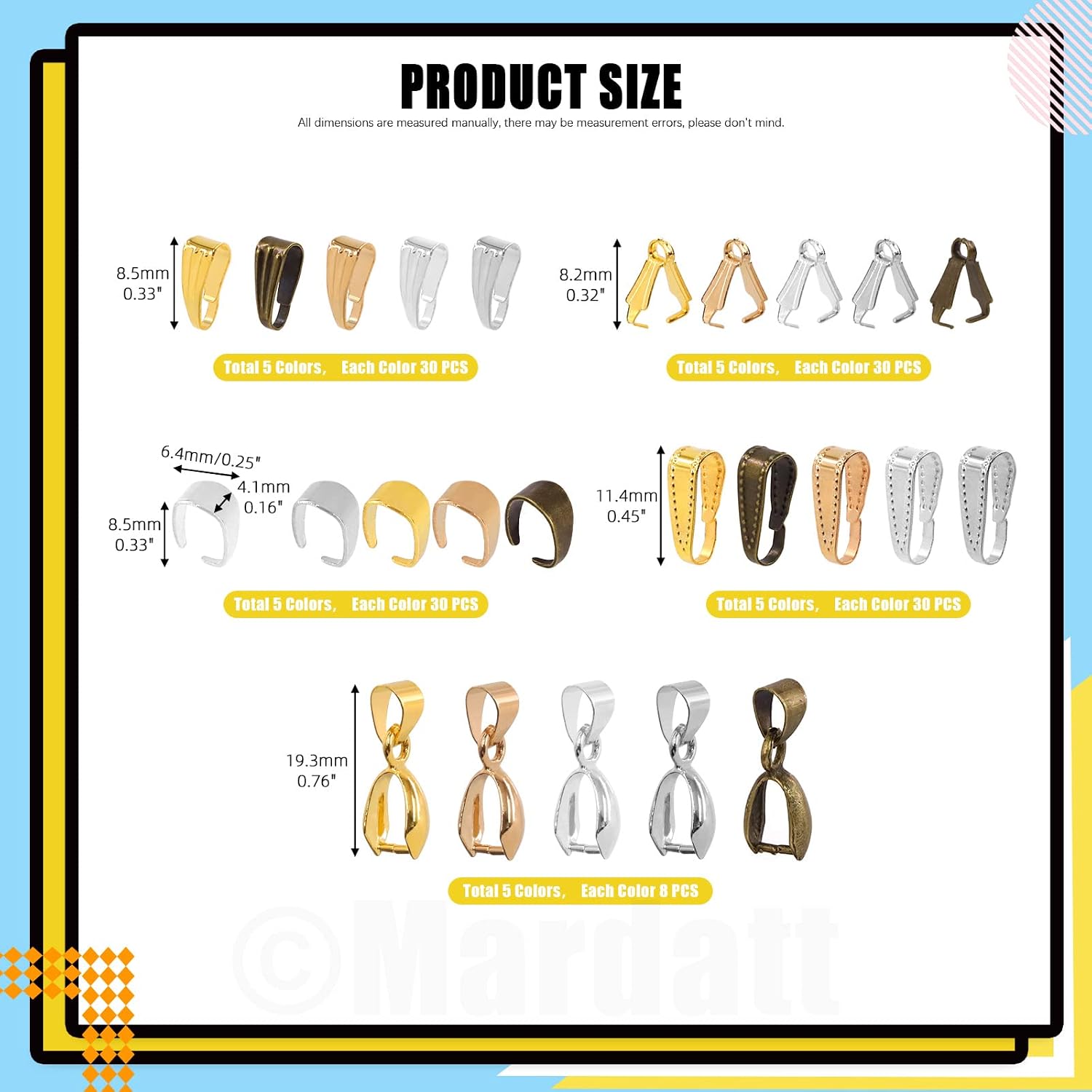 640Pcs 5 Styles Metal Pinch Clip Clasp Assortment Set, Snap on Dangle Bead Pendant Pinch Clip Bails Chain Connectors Snap Bail Hook for Necklace Jewelry Making