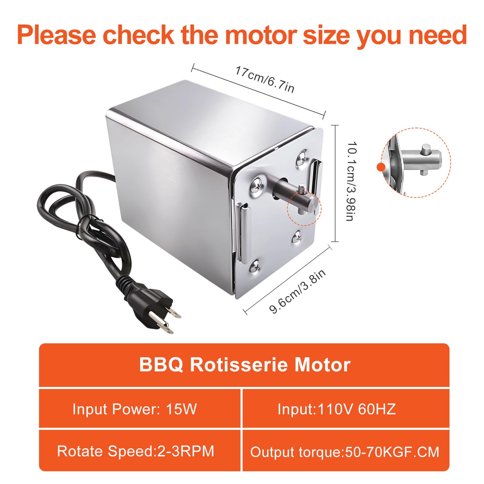 Moteur de rôtissoire 15 W – Moteur de rôtissoire pour barbecue jusqu'à 40 kg, broche de rechange universelle robuste pour rôtissoire de porc/chèvre/poulet, barbecue en plein air, camping et