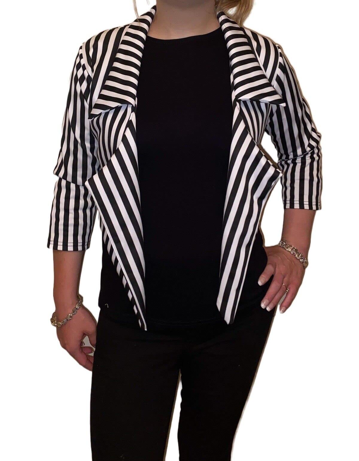 LUXE DIVAWomen ¾ Sleeves Stripes Print Open Front Waterfall Crop Blazer Jacket Womens Black White Stripe Print Open Front Waterfall Crop Blazer Jacket Coat