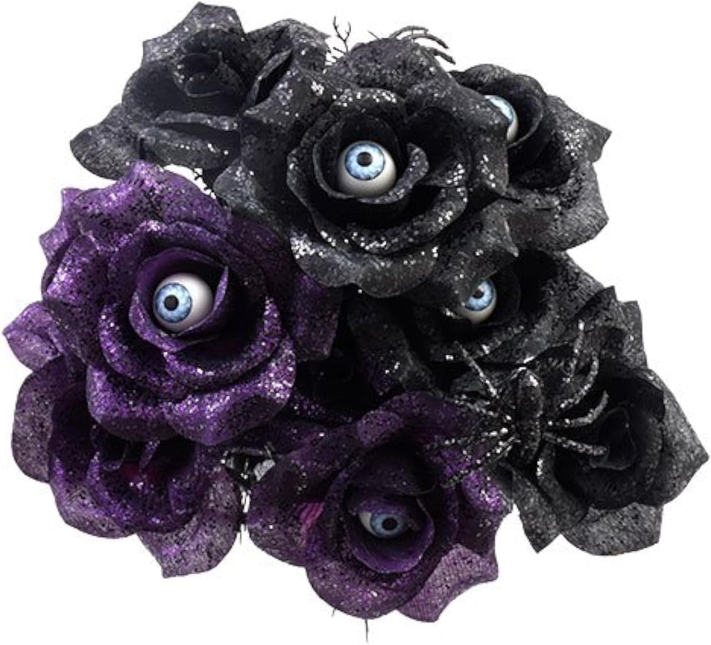 Haunted House 6 Stem Black and Purple Rose Bushes with Spiders and Eyeballs 14in (2) (Purple & Black)