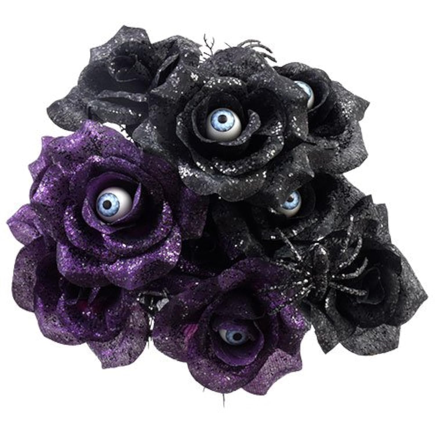 Haunted House 6 Stem Black and Purple Rose Bushes with Spiders and Eyeballs 14in (2) (Purple & Black)