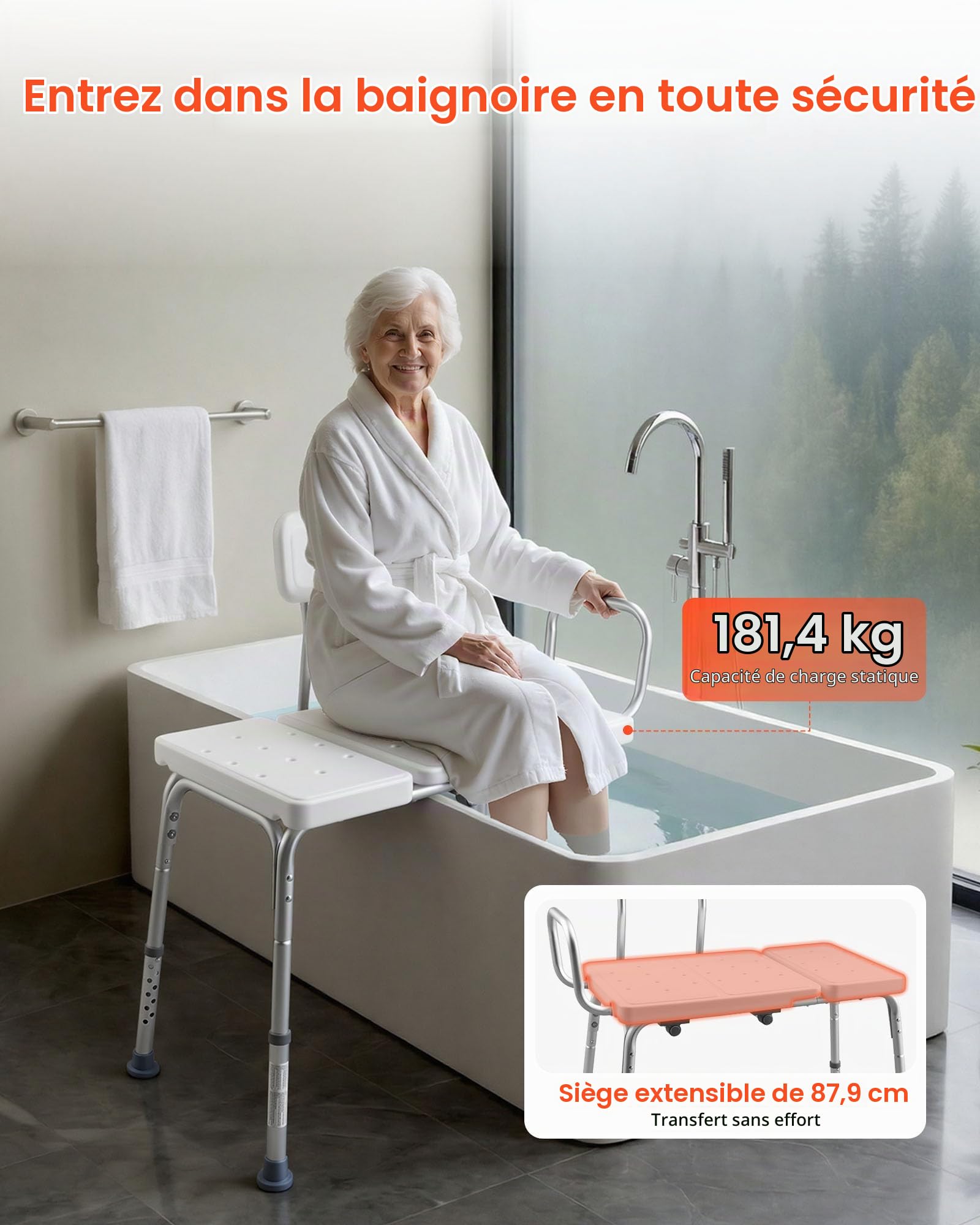 VEVOR Banc de Transfert Baignoire, Siège de Baignoire, Dossier, Poignée d'Appui et Fente pour Rideau, Capacité 180 kg, Chaise de Douche pour Adultes, Personnes Âgées et Handicapés, Hauteur Réglable