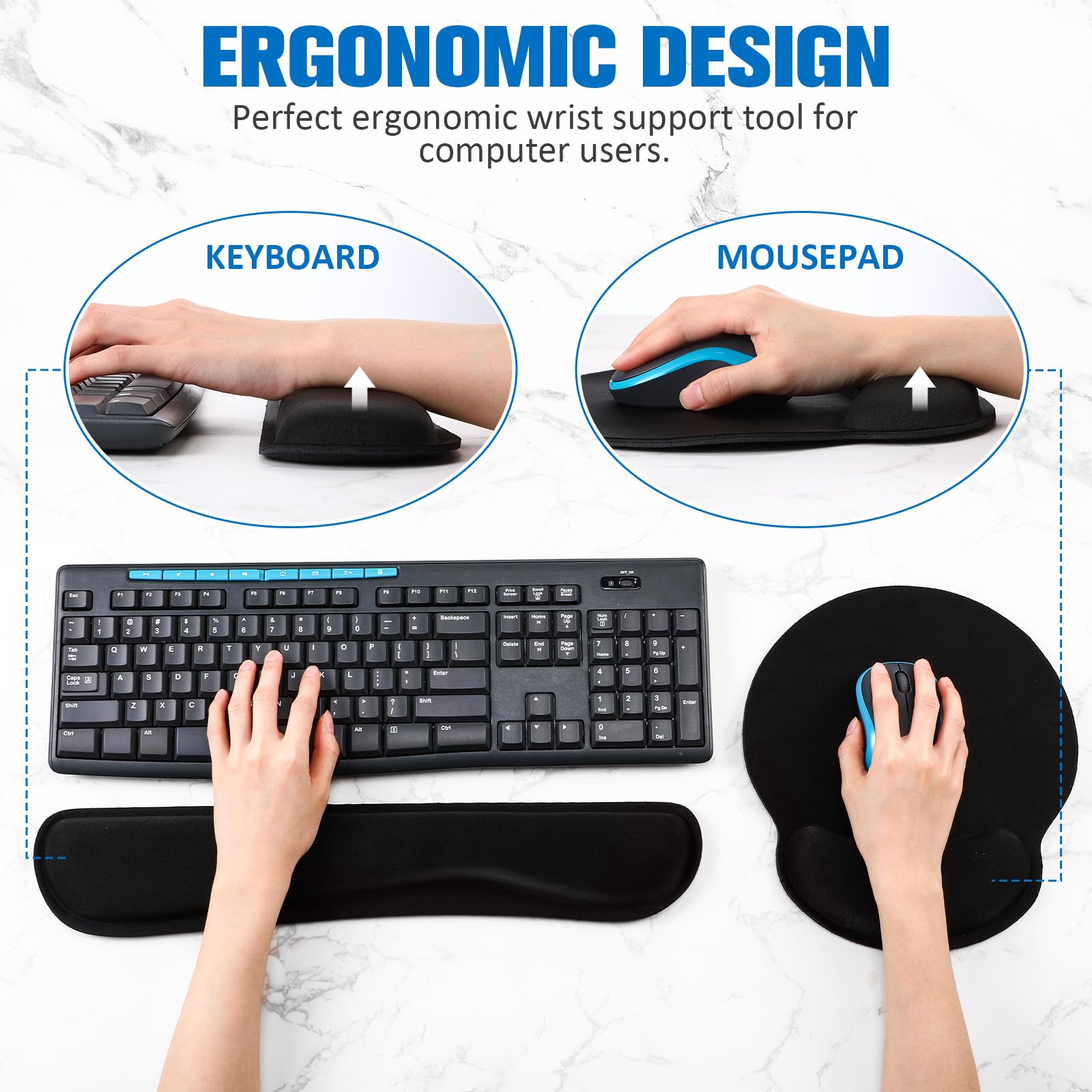 Ergonomiczna podkładka pod mysz i klawiaturę z zestawem podparcia nadgarstka, miękka, gładka żelowa podpórka pod nadgarstek, wygodna piankowa podkładka pod nadgarstek z pamięcią kształtu, do łatwego