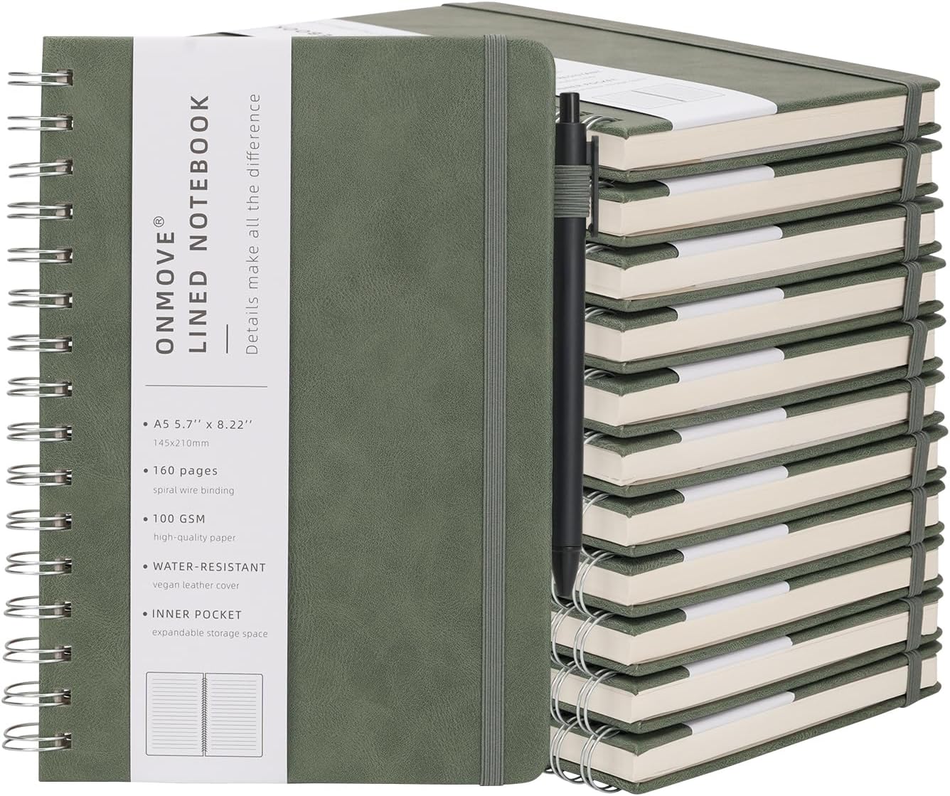 Spiral Notebooks Journal for Women Men 12 Pack Bulk Leather Hardcover with Pen Holder A5 160 Pages 100 GSM Thick Paper for Work School Lined Green