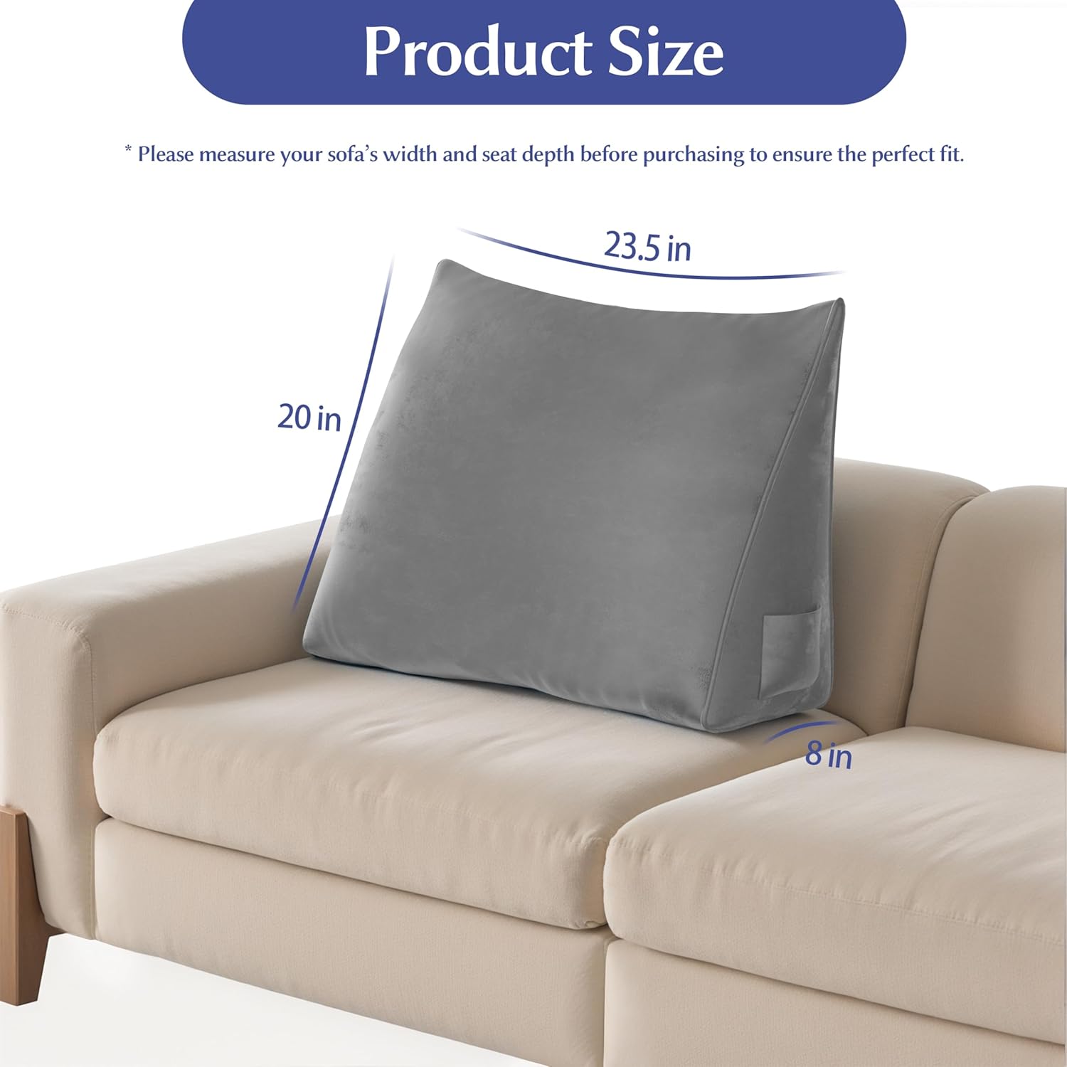 Daneey Back Pillow for Sitting in Bed, Back Support Pillow for Couch, Back Cushion for Couch, Wedge Reading Pillow Cushion for Sofa Removable Velvet Cover, Gray