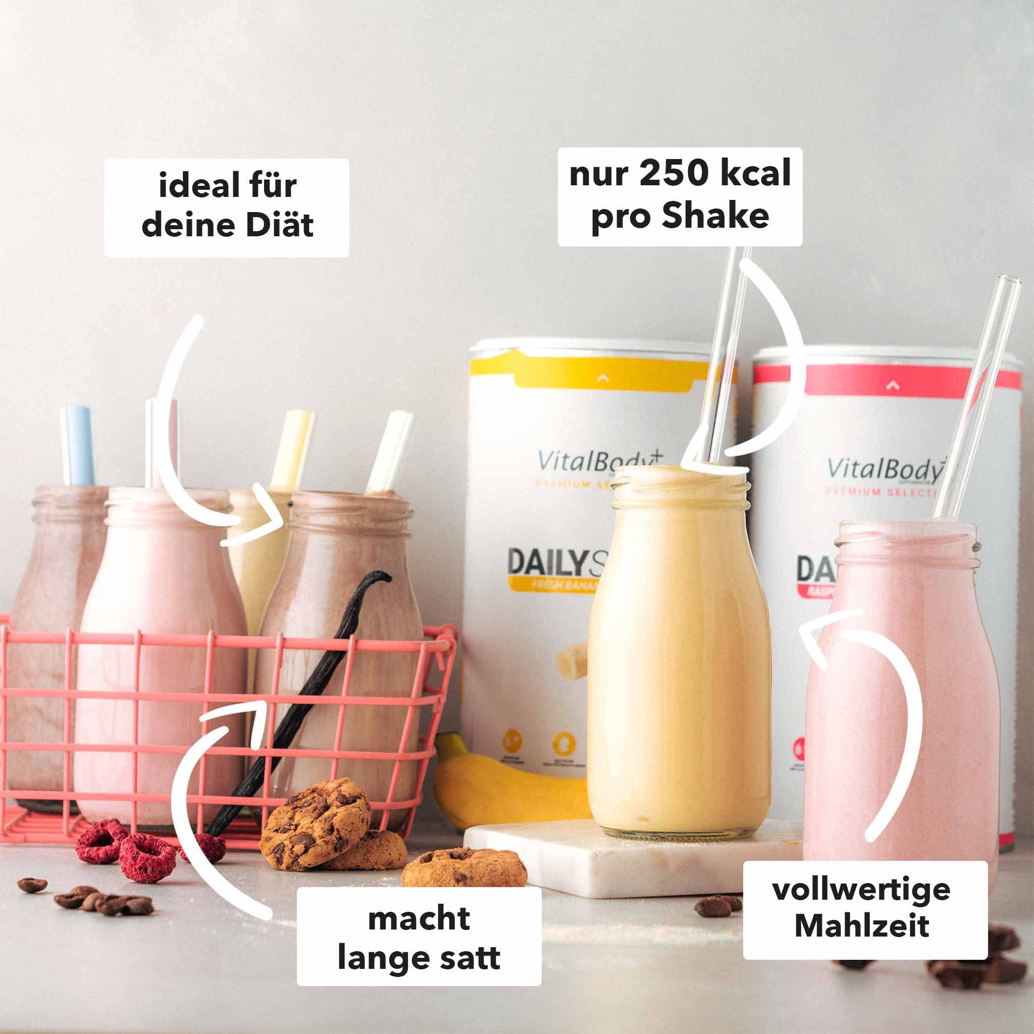 VitalBodyPLUS DailyShake 8er Probierpaket mit Premium Shaker, 8 x 30 g, Mahlzeitenersatz-Shake zum Abnehmen, nur 250 kcal pro Shake, kalorienarm, lecker & schnell zubereitet