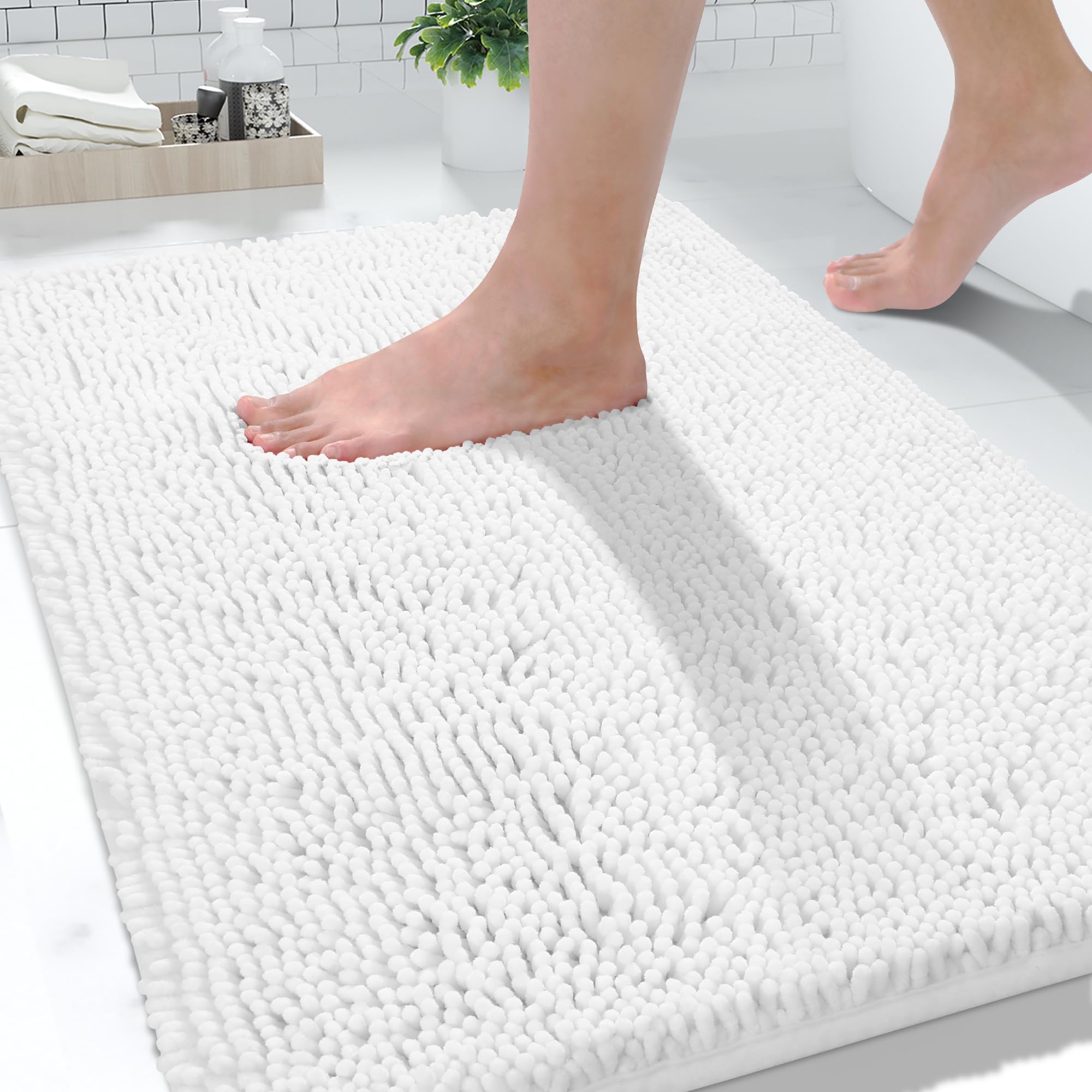Yimobra Microfiber Luxury Chenille Bath Rug Mat, Soft Shaggy Bathroom Rugs, Super Absorbent and Thick Durable, Non-Slip, Machine Washable, Bath Mats for Bathroom, 32x20,Bright White