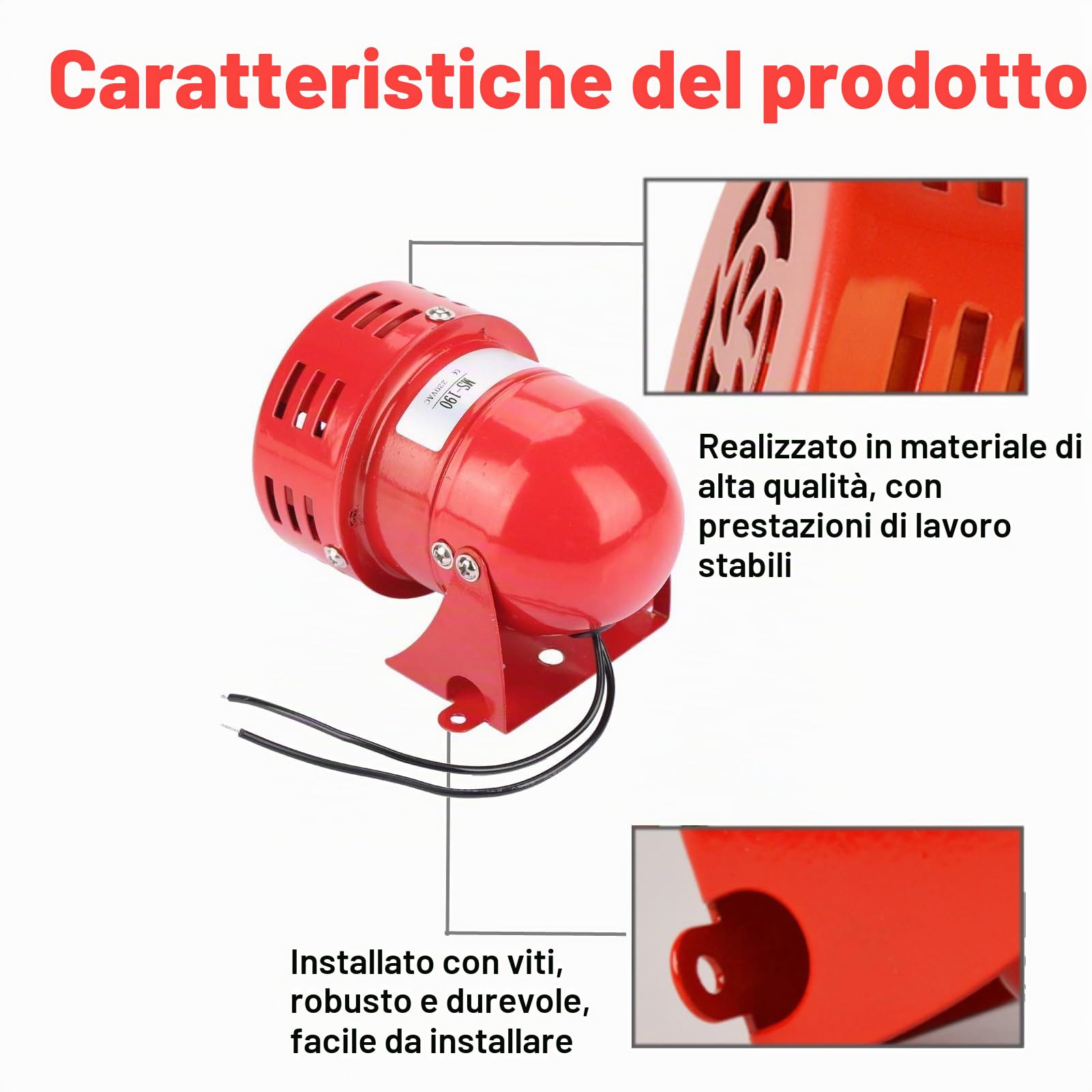 Mini Allarme Motore Rosso Sirena 220V 120DB, Protezione Elettrica Acustica Industriale in Metallo MS-190 Contro il Furto per Fabbrica, Costruzione