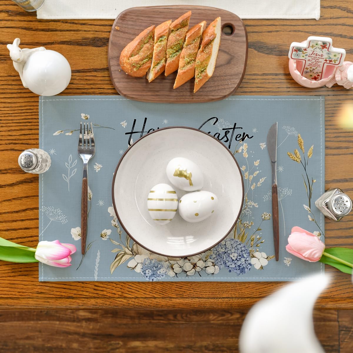 Artoid Mode Bunny Rabbits Hydrangea Happy Easter Placemats Set of 4, 12x18 Inch Seasonal Spring Table Mats for Party Kitchen Dining Decoration 12" x 18", Rectangular 4 Pcs Blue