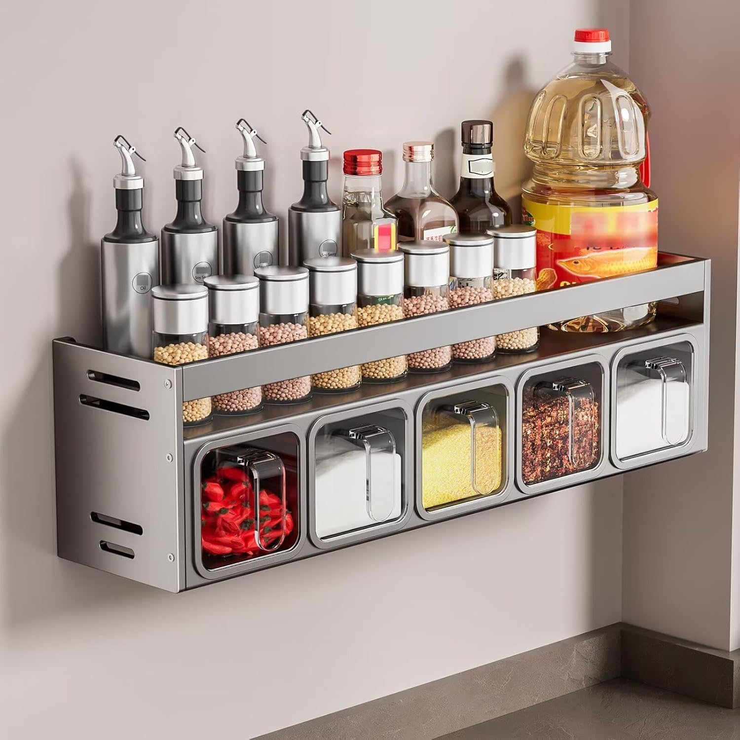 Nzwbshssp Grey Wall Spice Rack Organiser With Removable Jars Aluminum Kitchen Spice Shelf Seasoning Organiser Kitchen Standing Condiments Holder For Tidy Storage(5 Grids)
