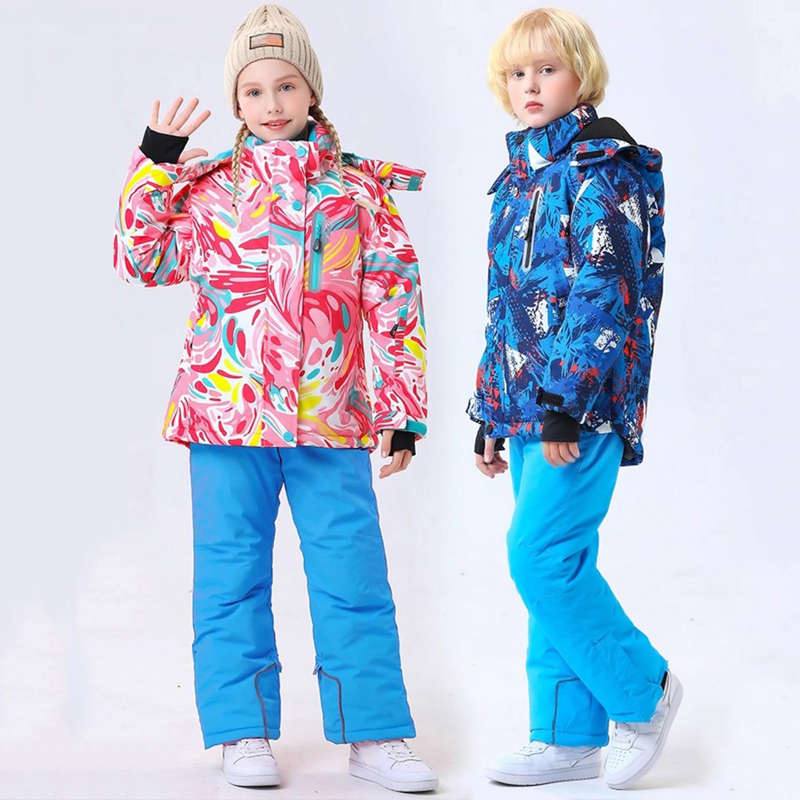 Conjunto de traje de esquí infantil de 2 piezas con capucha, traje de nieve impermeable a prueba de viento para niños y niñas, chaqueta de esquí cálida y pantalones de esquí, rosa brillante