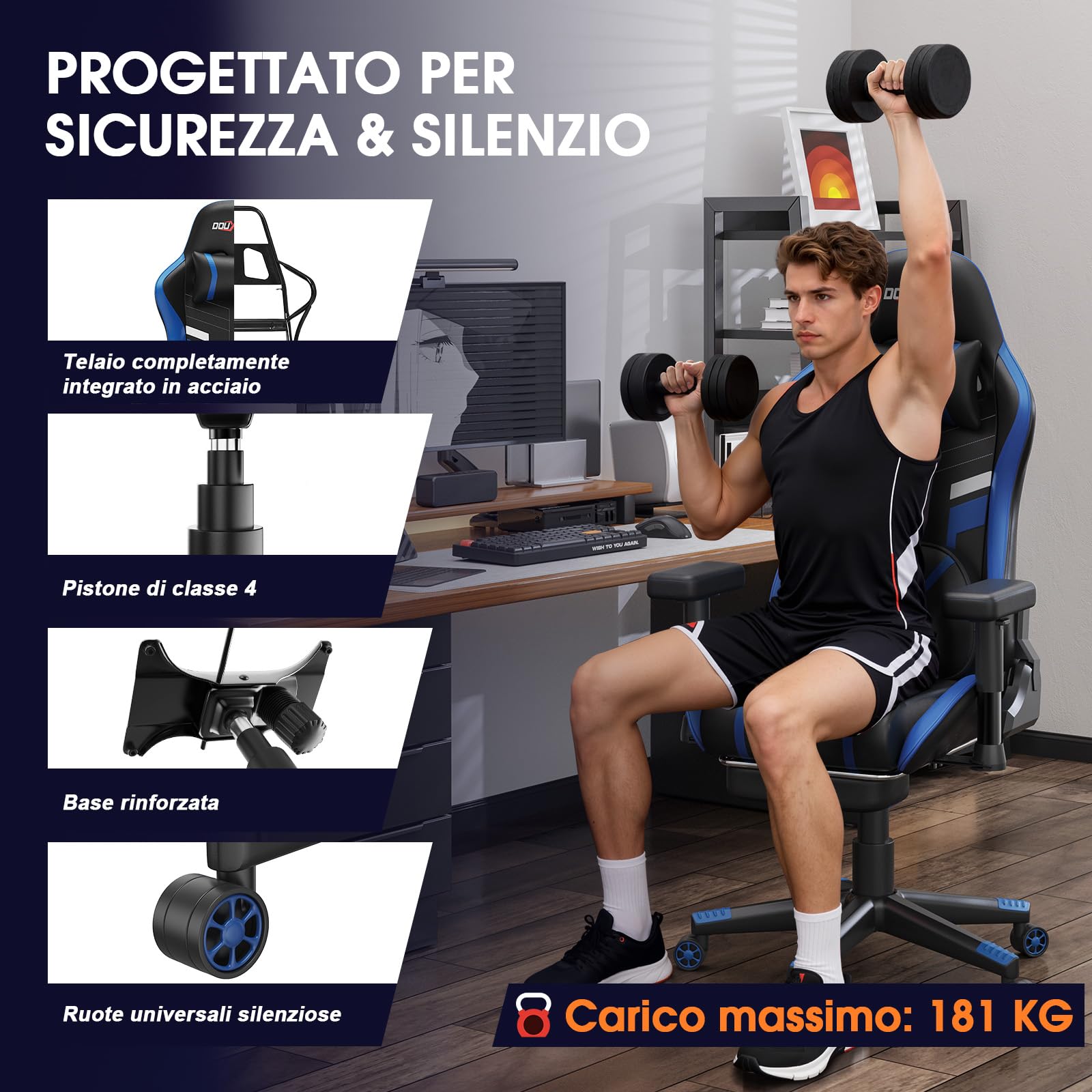 Douxlife Sedia da Gaming con Massaggio a Impasto, Ergonomica Sedia da Ufficio con Riscaldamento, Poggiapiedi, Reclinabile da 90° a 175°, Braccioli 2D più Spessi, Portata 180 kg, Blu