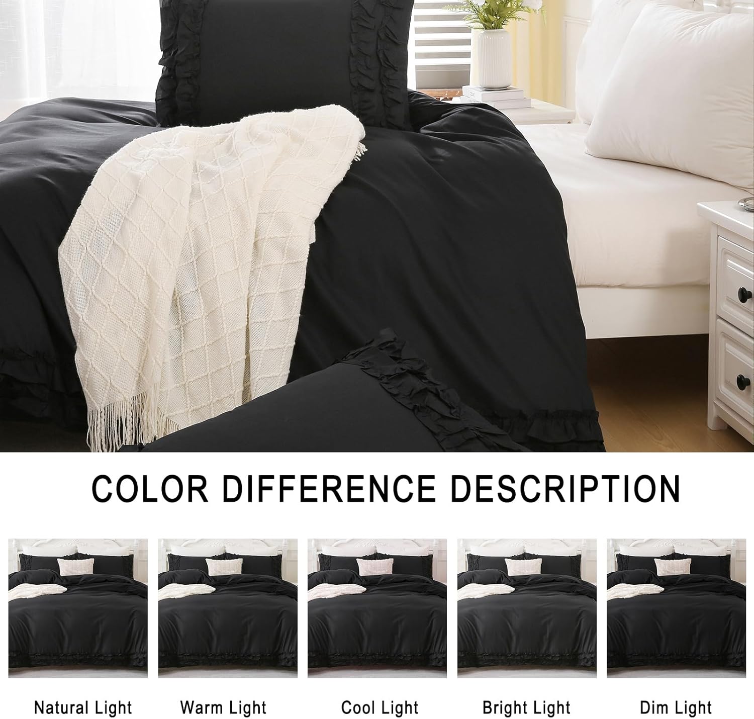 Merryword 100% Cotton Ruffled Duvet Cover Set Queen, Black Shabby Chic Farmhouse Bedding Set French Country Cute Comforter Cover