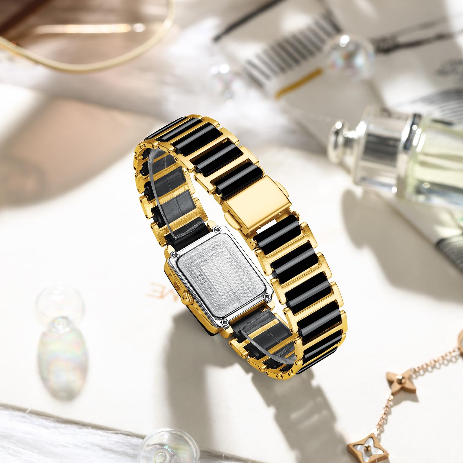 Gosasa Relojes vintage para parejas para hombres y mujeres a juego, pulsera cuadrada de cerámica de cuarzo para él y para ella, par de relojes rectangulares de vestir negro y dorado, resistentes al
