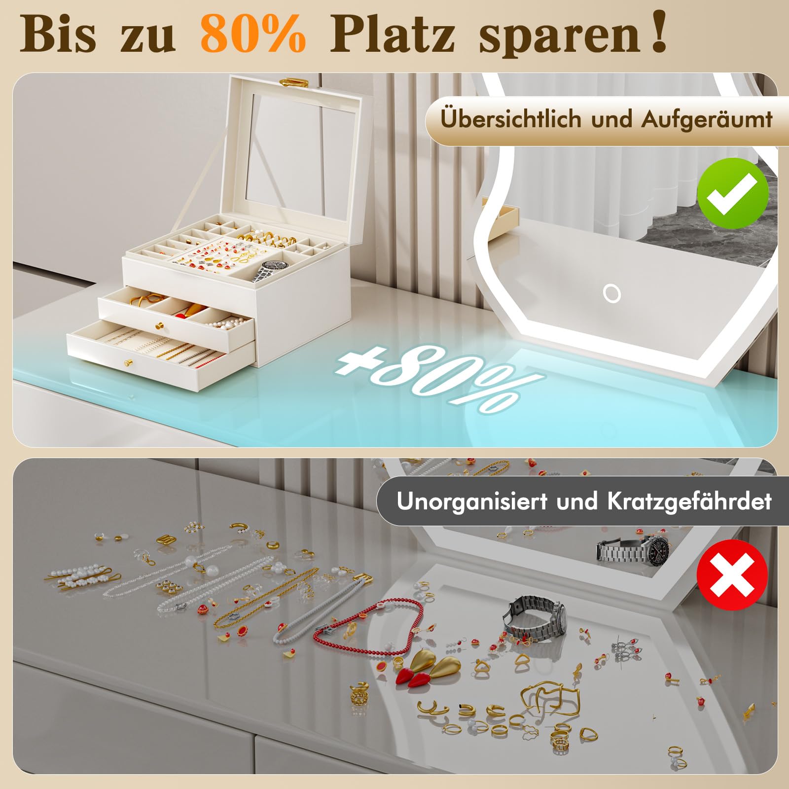 3-Stöckiger Schmuckkästchen Groß Schmuckorganizer mit transparentem Deckel für Schmuckstücke, Ketten & Armbänder, stabile Schmuckaufbewahrung mit Samtfutter (Mattweiß)