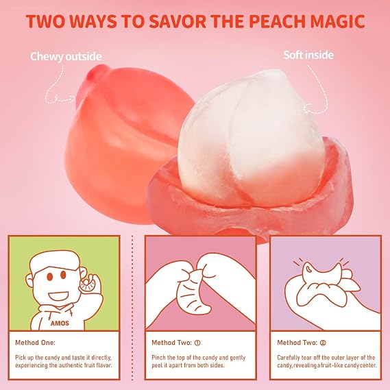 AMOS Peelerz Gummy Peach Candy, Peelable Fruit-Shaped Candy, 8.47oz Box with 10 Individual Packs Fun Peeling Gummy Snack Made with Real Juice